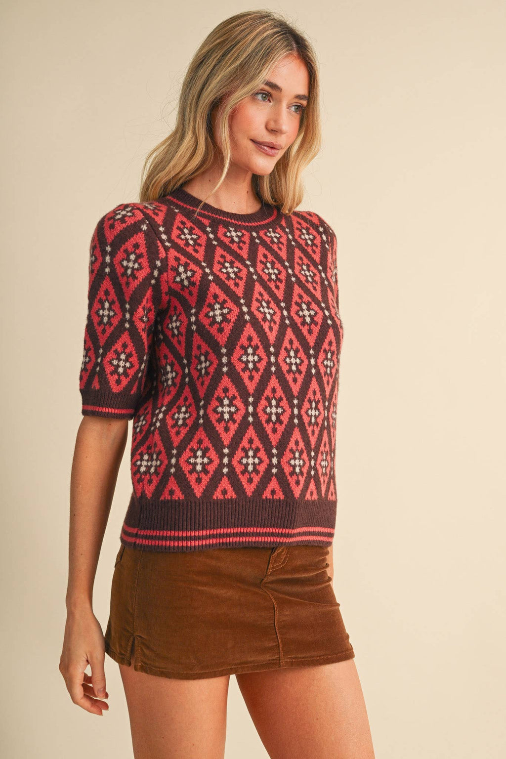 GEOMETRIC KNIT SHORT SLEEVE SWEATER MSW11653