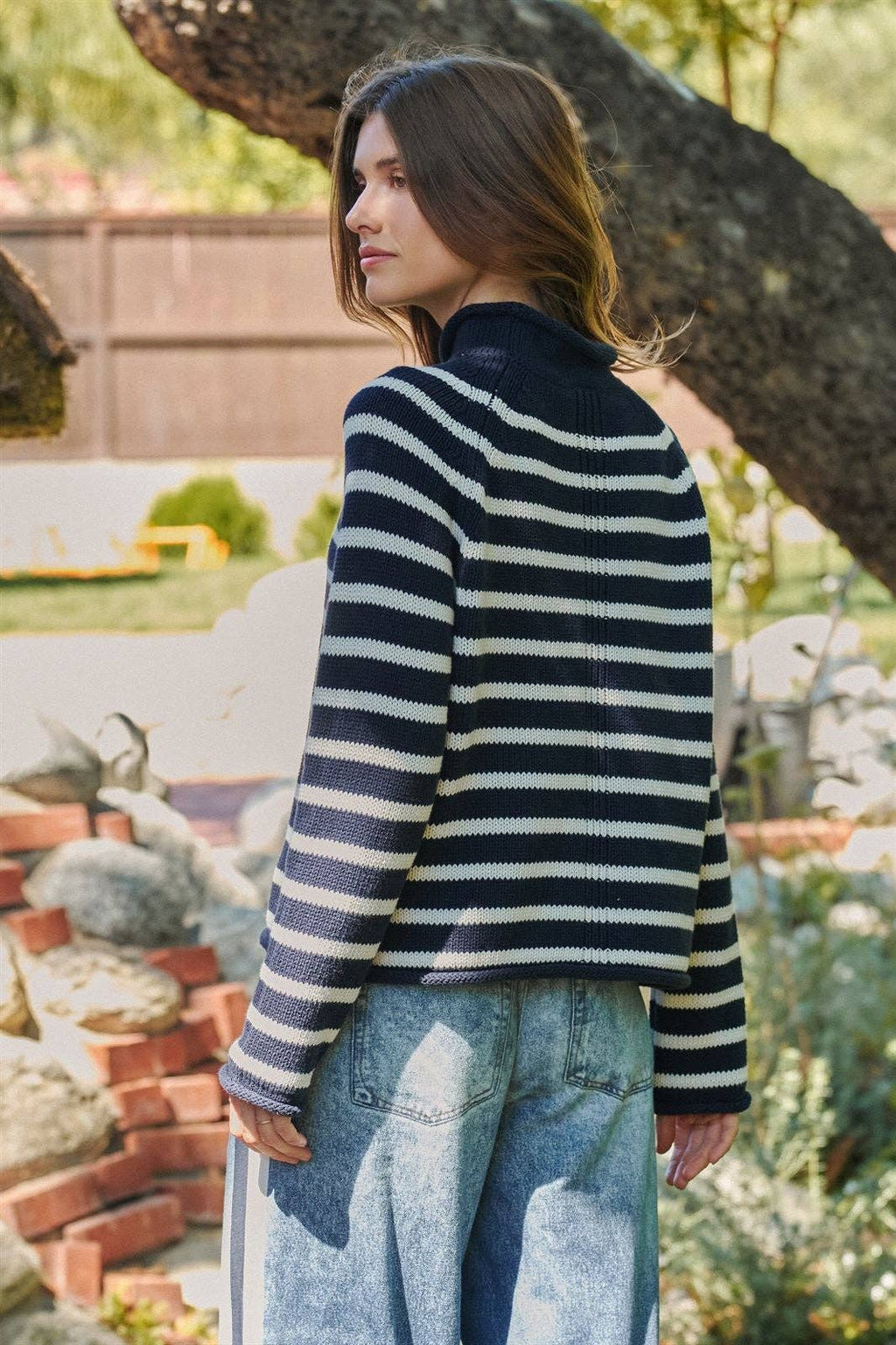 Striped Mock Neck Cotton Knit Sweater