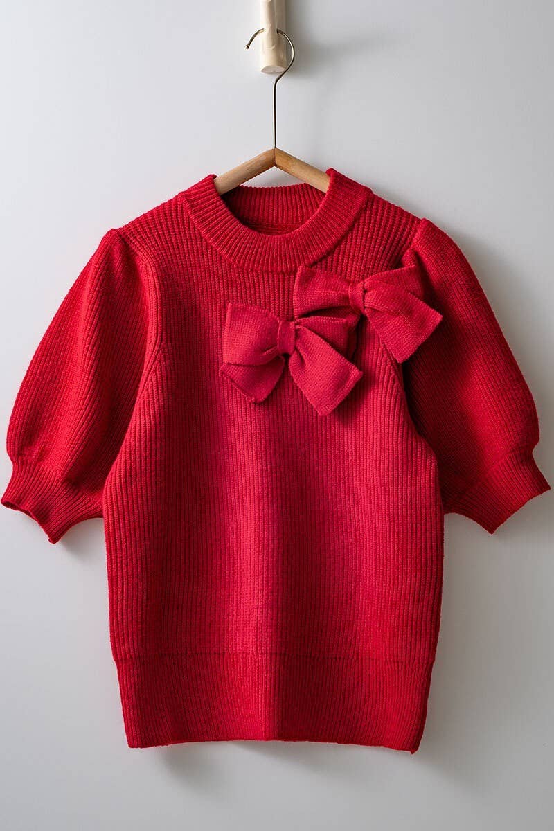 Bow Detail Puff Sleeve Mock Neck Sweater