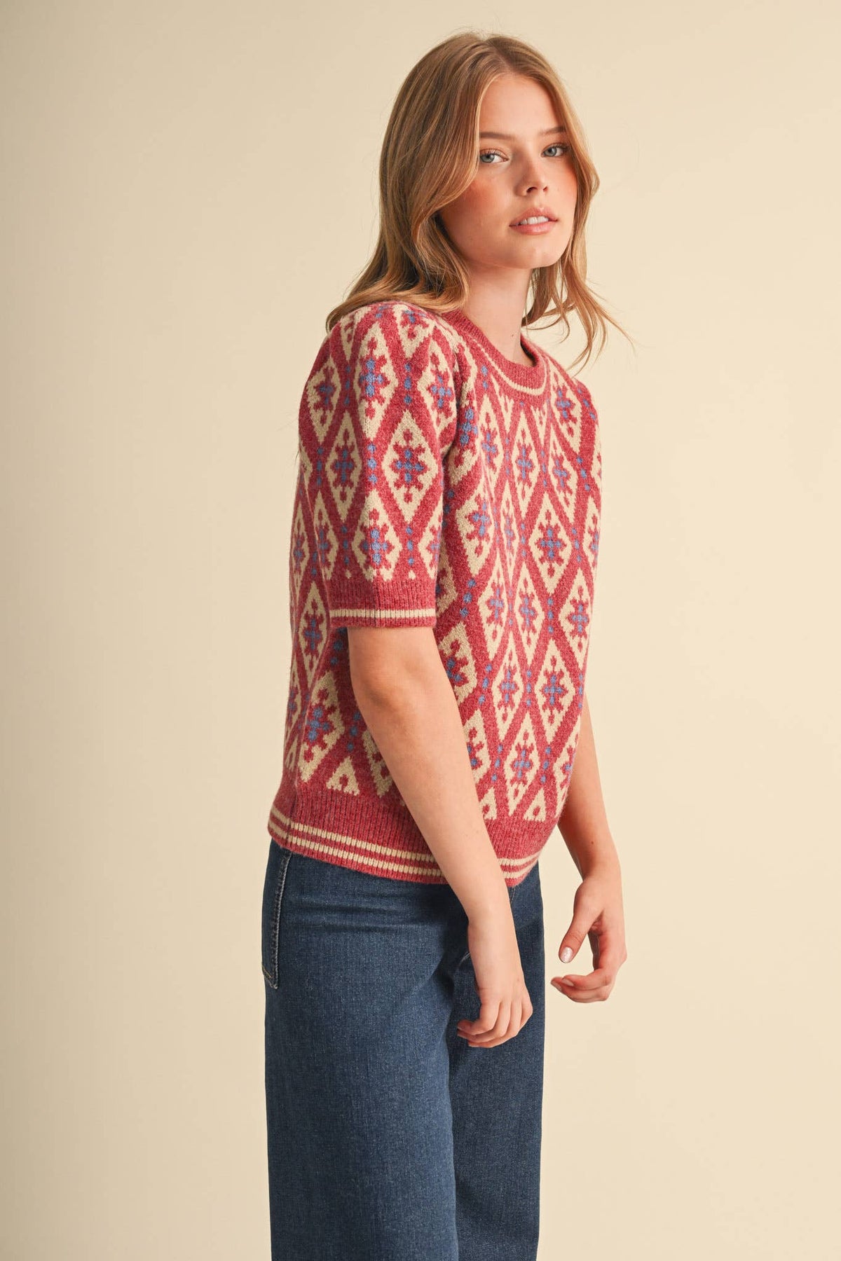 GEOMETRIC KNIT SHORT SLEEVE SWEATER MSW11653