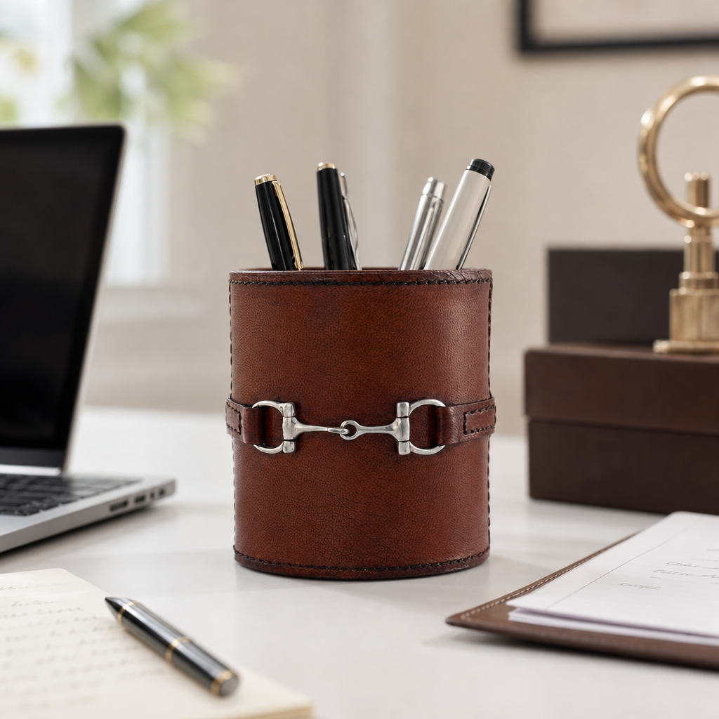 Premium Genuine Leather Stirrup Office Pen Holder