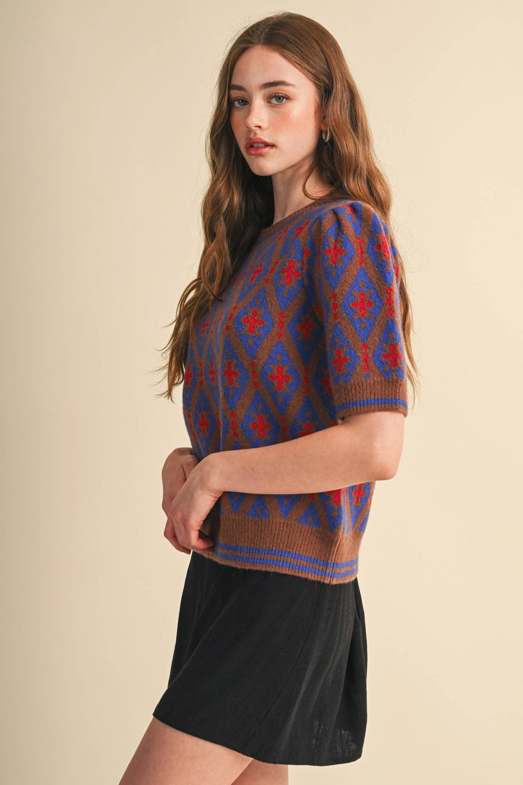 GEOMETRIC KNIT SHORT SLEEVE SWEATER MSW11653