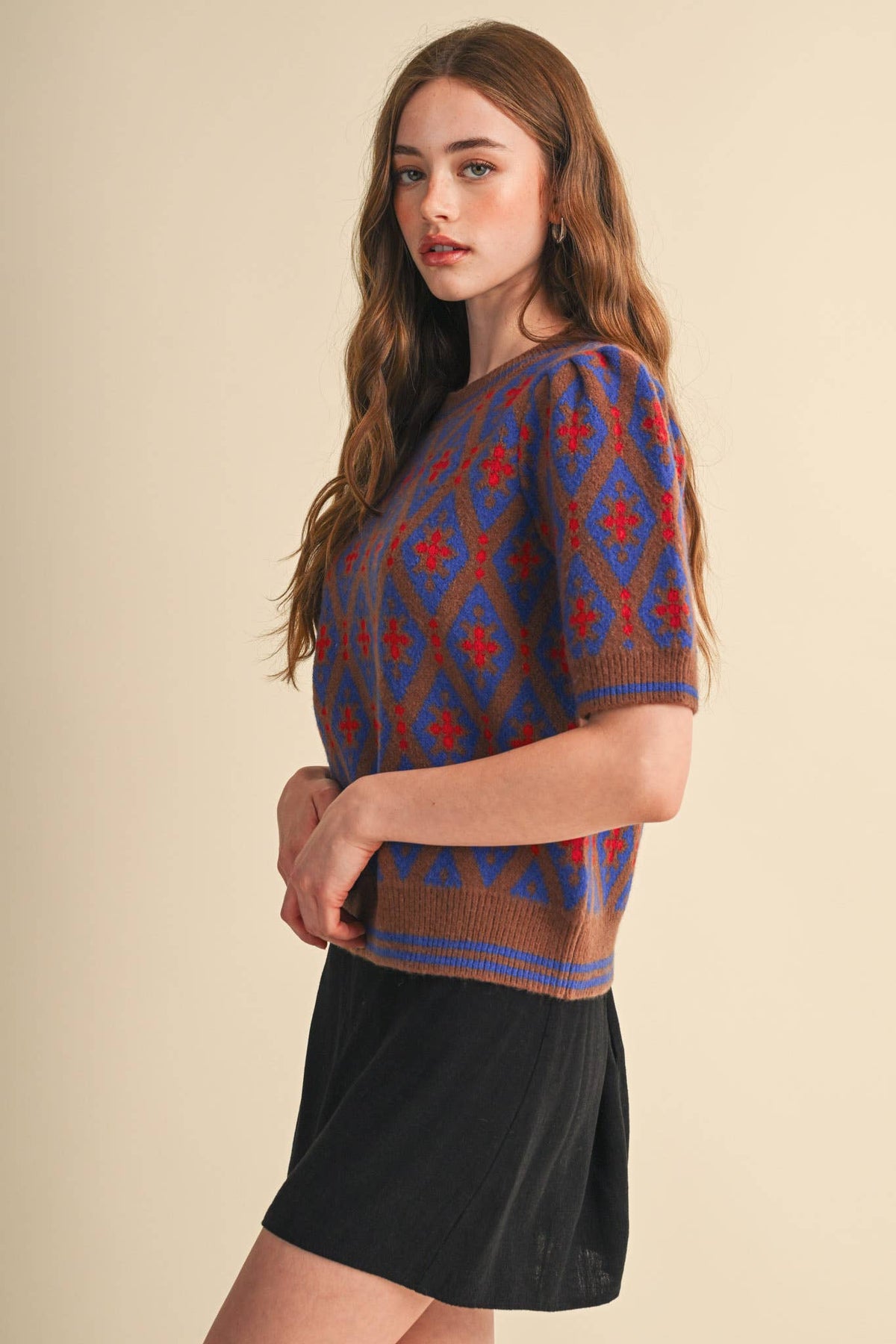 GEOMETRIC KNIT SHORT SLEEVE SWEATER MSW11653
