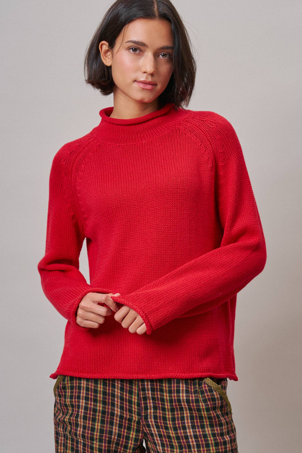 Striped Mock Neck Cotton Knit Sweater