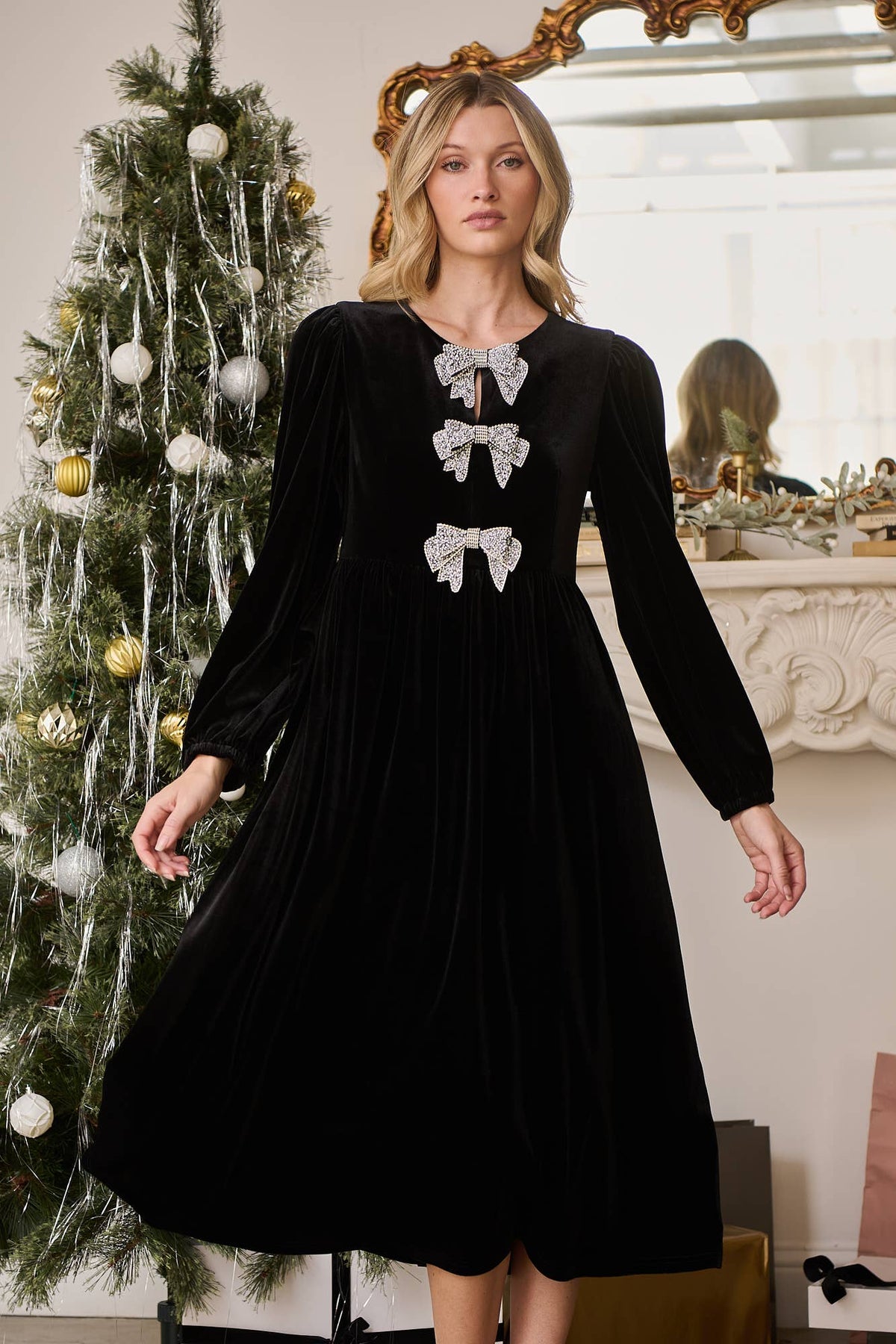 Jena Glow Bow Velvet Midi Dress