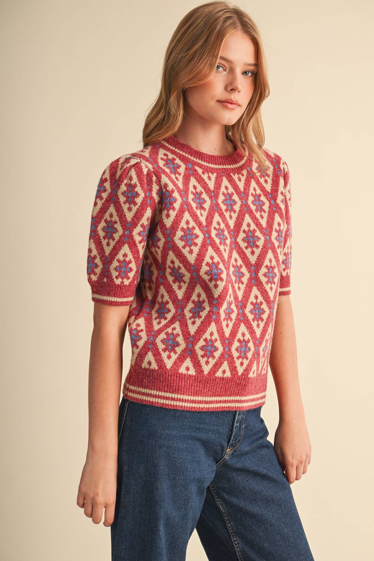 GEOMETRIC KNIT SHORT SLEEVE SWEATER MSW11653