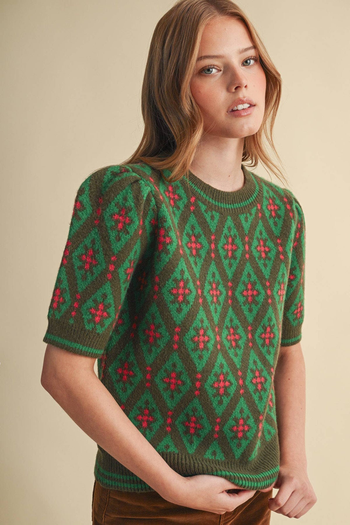 GEOMETRIC KNIT SHORT SLEEVE SWEATER MSW11653