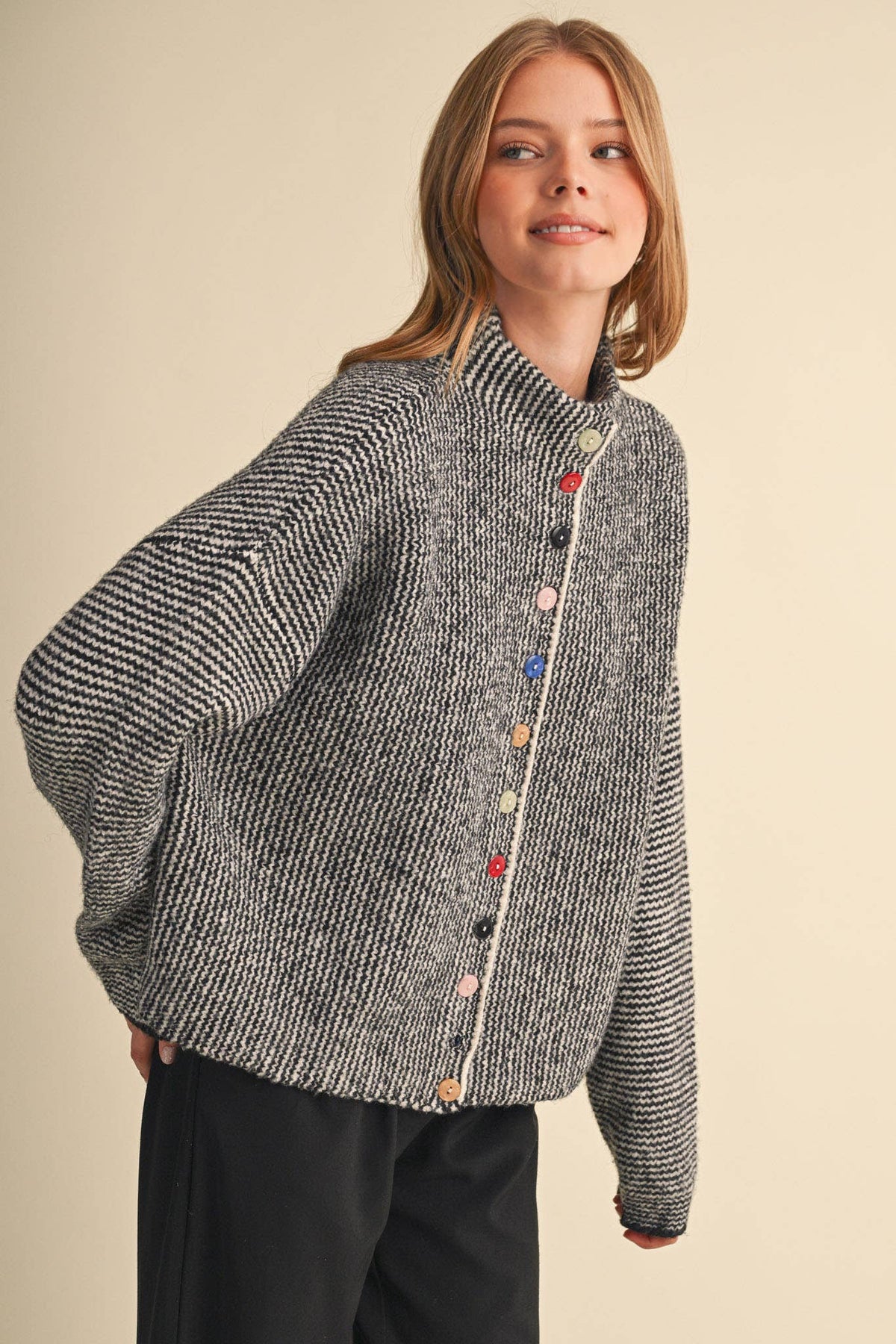 STRIPED SWEATER CARDIGAN WITH COLORFUL BUTTONS MSW11250