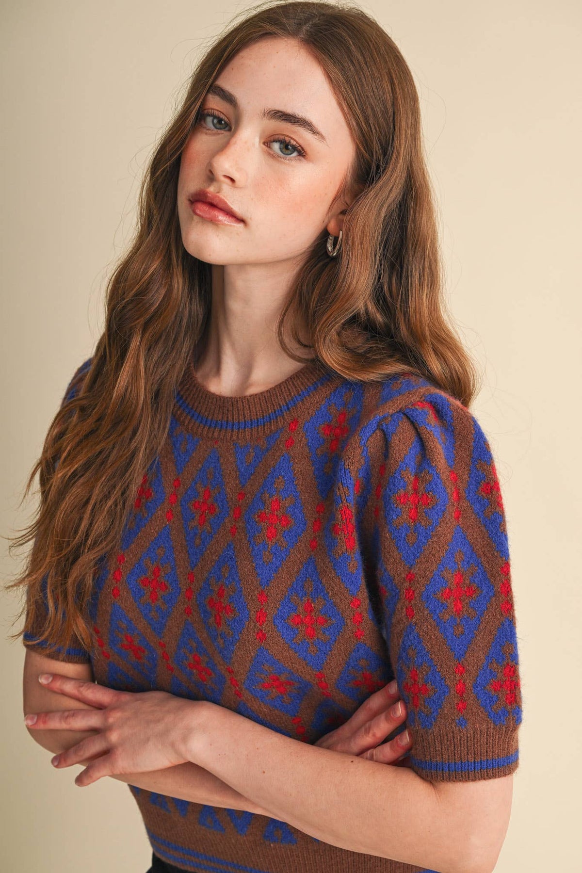 GEOMETRIC KNIT SHORT SLEEVE SWEATER MSW11653