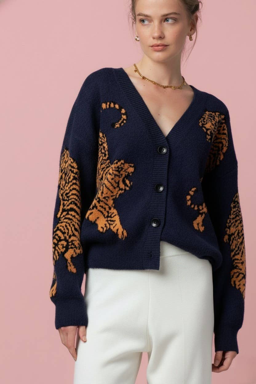 Tiger Jacquard Knit Sweater Cardigan