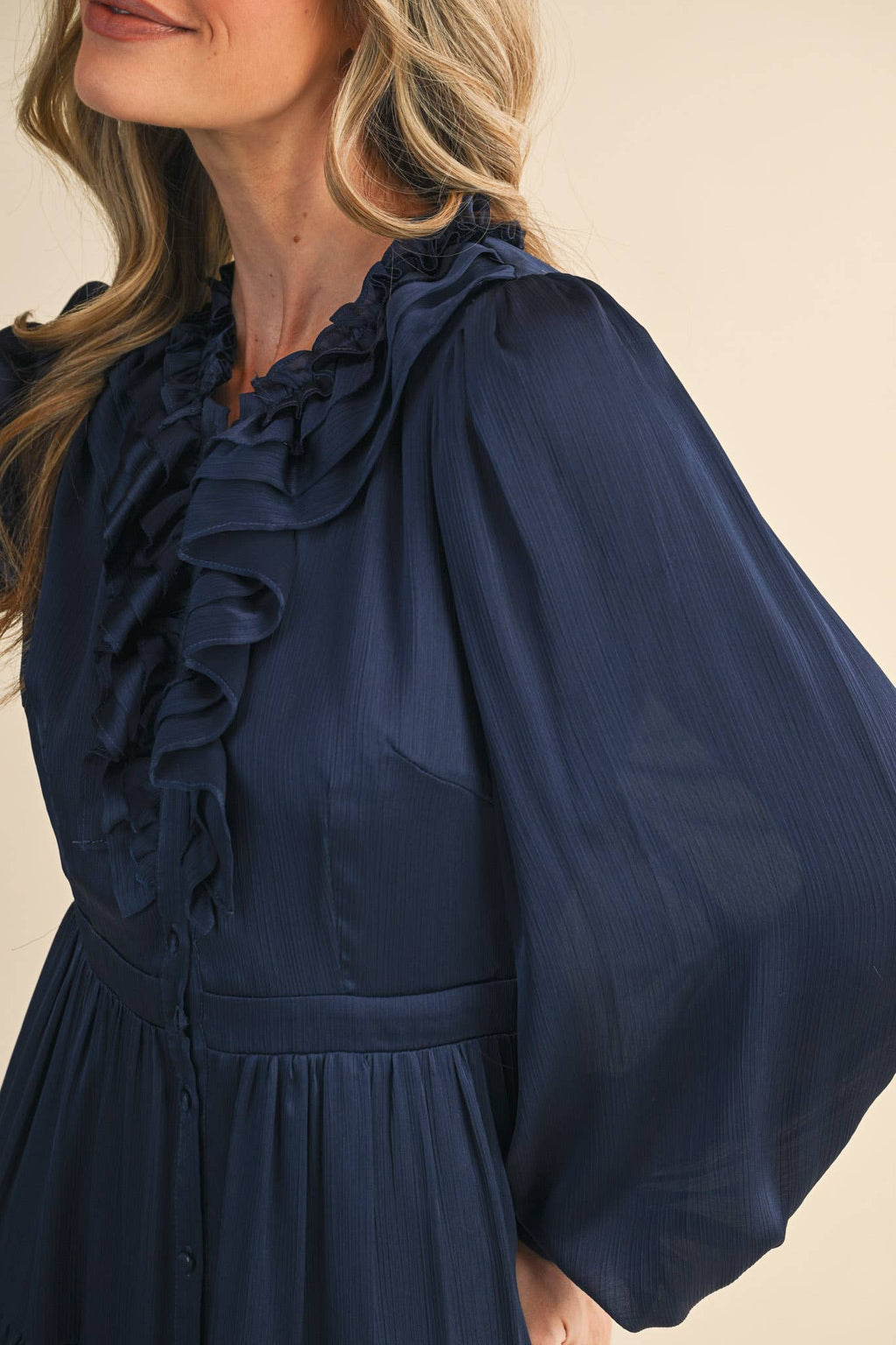RUFFLE TIERED NECKLINE BUTTON DOWN MIDI DRESS MDR4199