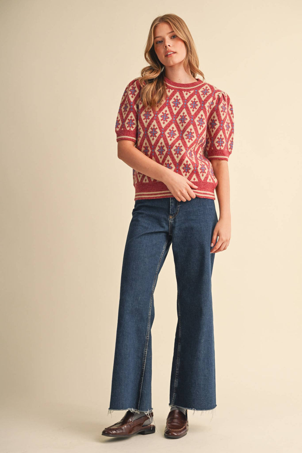 GEOMETRIC KNIT SHORT SLEEVE SWEATER MSW11653