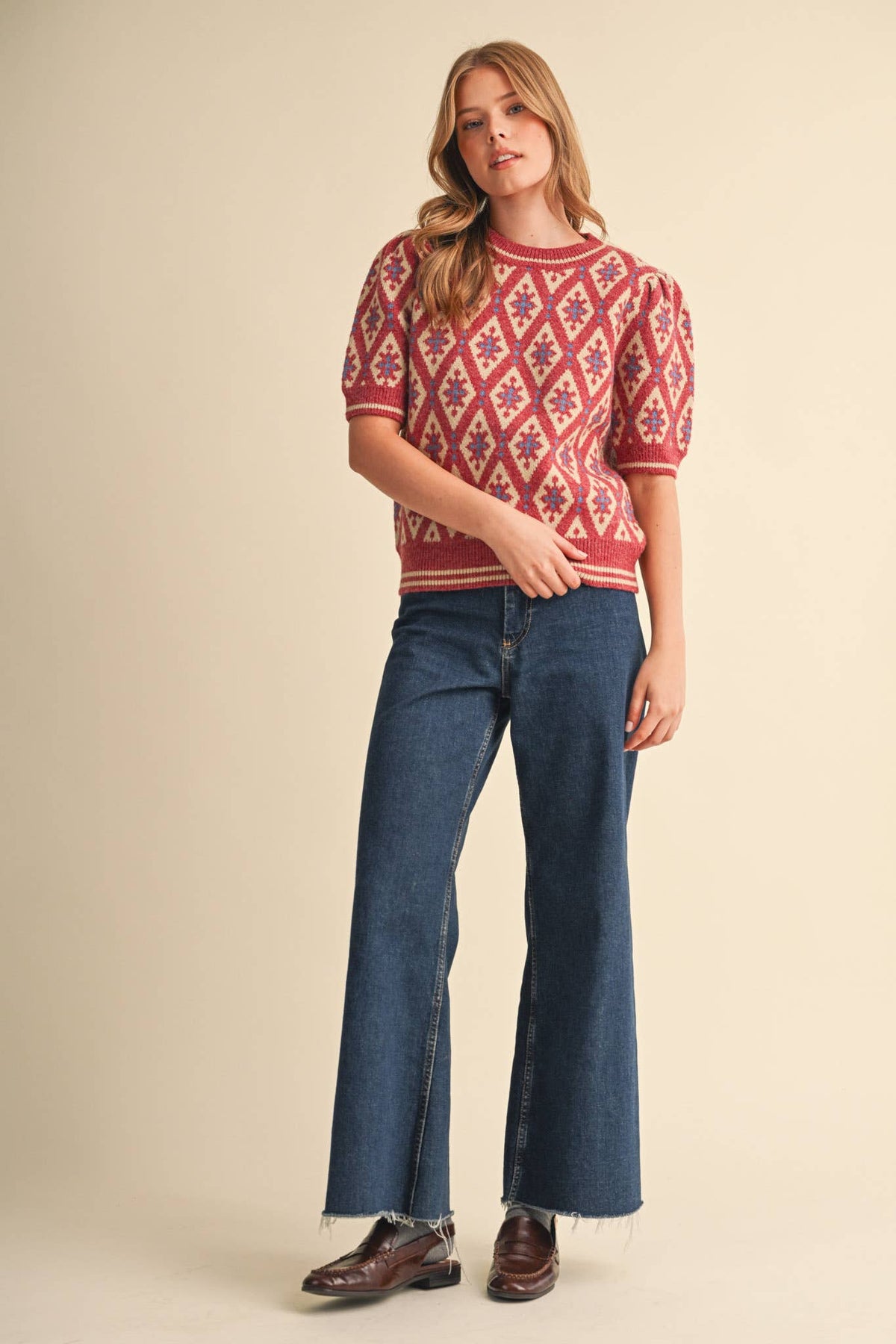 GEOMETRIC KNIT SHORT SLEEVE SWEATER MSW11653