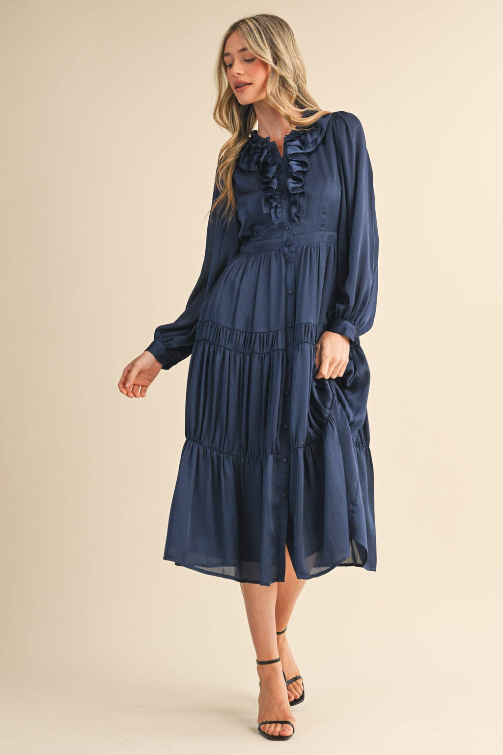 RUFFLE TIERED NECKLINE BUTTON DOWN MIDI DRESS MDR4199