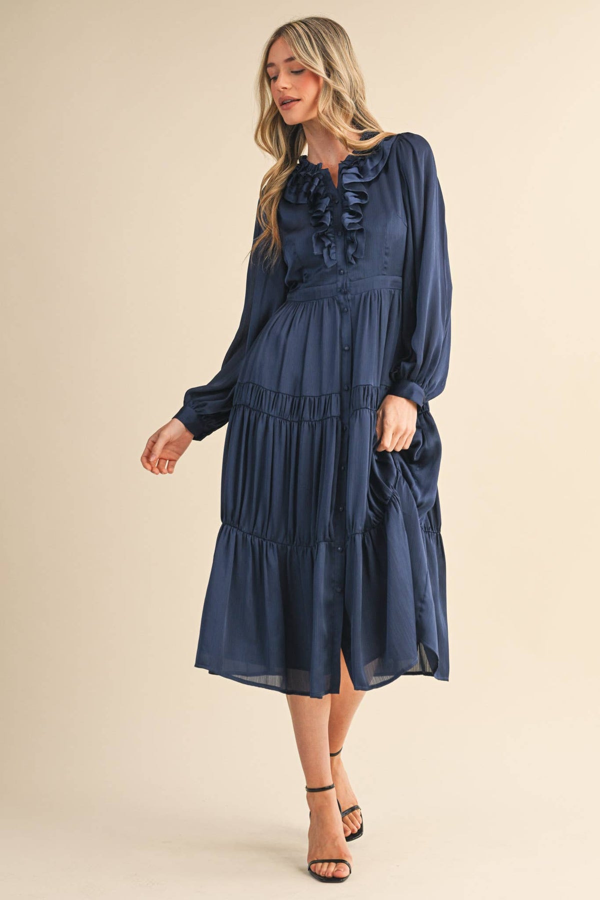 RUFFLE TIERED NECKLINE BUTTON DOWN MIDI DRESS MDR4199