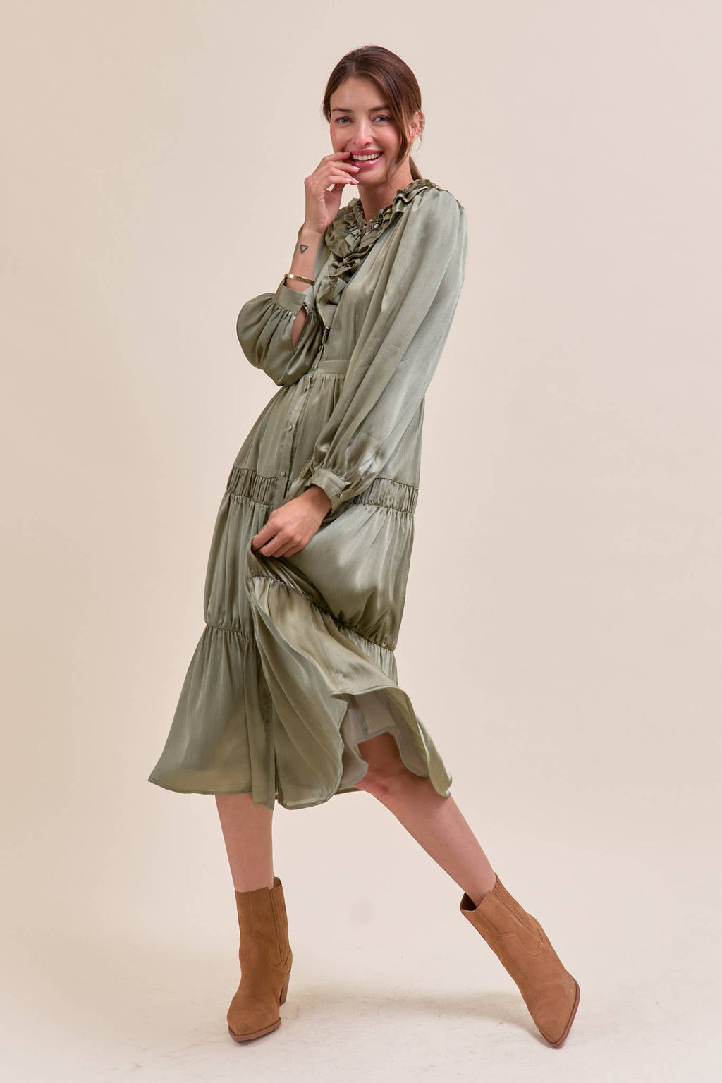 RUFFLE TIERED NECKLINE BUTTON DOWN MIDI DRESS MDR4199