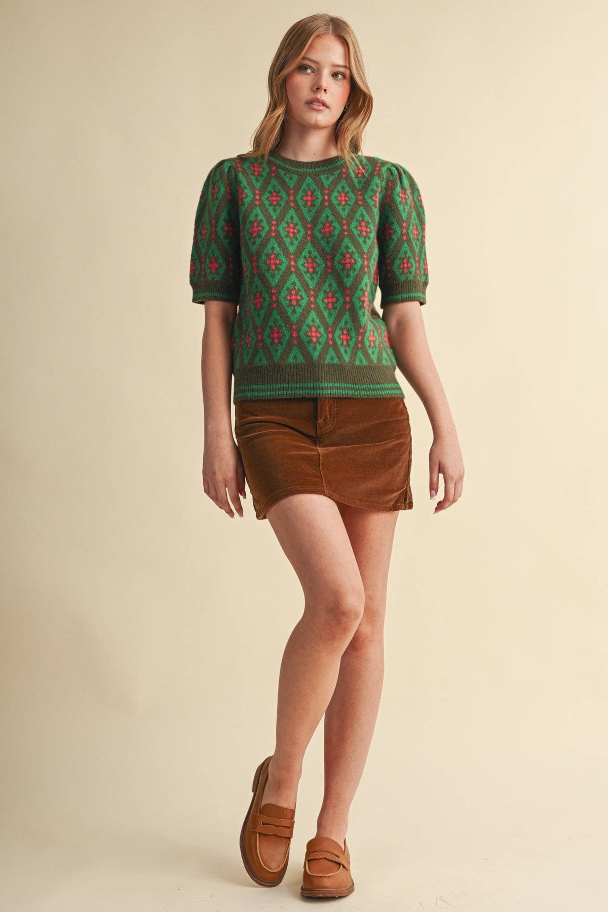 GEOMETRIC KNIT SHORT SLEEVE SWEATER MSW11653