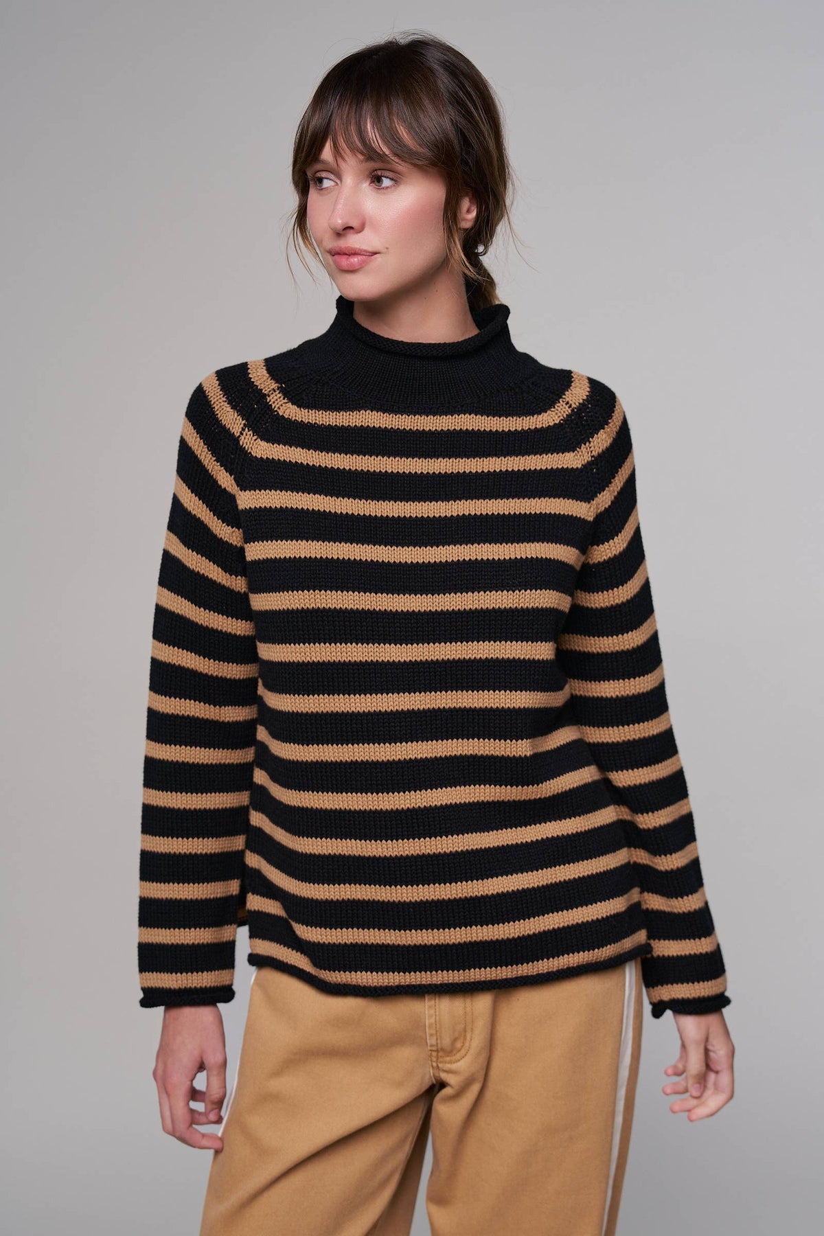 Striped Mock Neck Cotton Knit Sweater