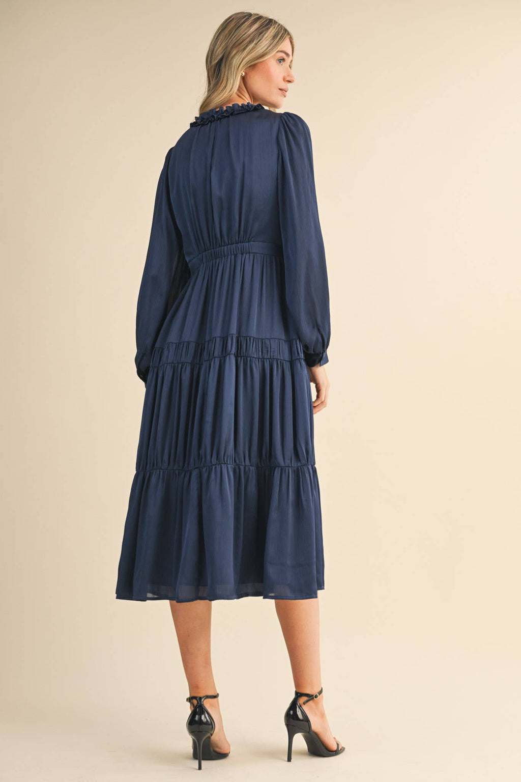 RUFFLE TIERED NECKLINE BUTTON DOWN MIDI DRESS MDR4199