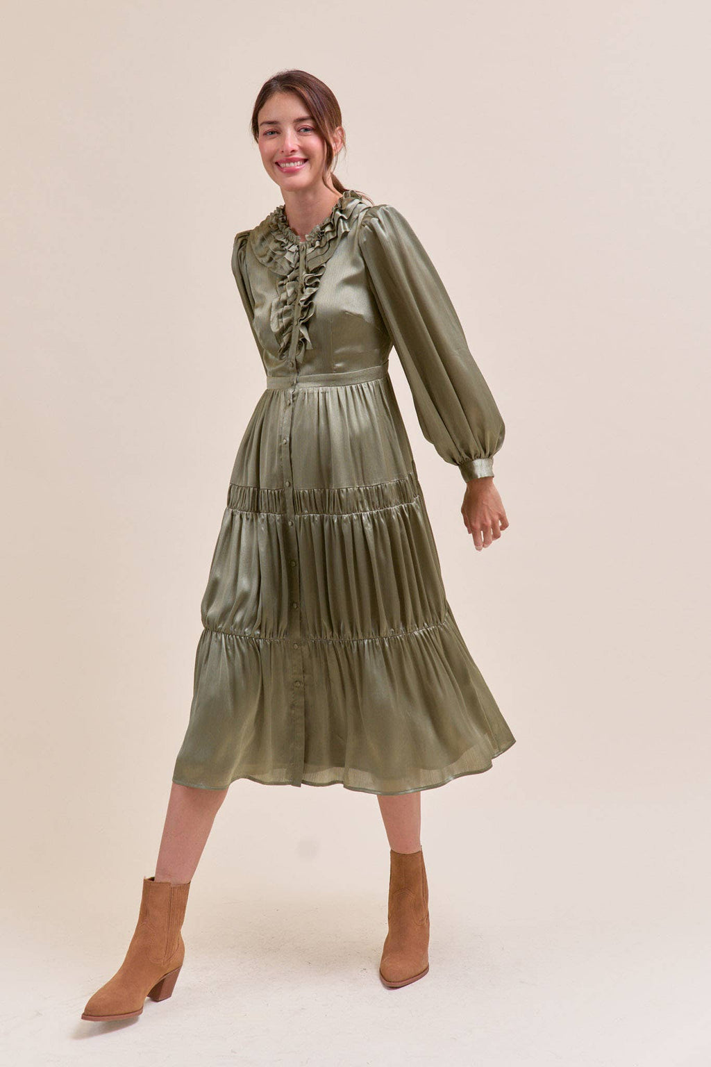 RUFFLE TIERED NECKLINE BUTTON DOWN MIDI DRESS MDR4199