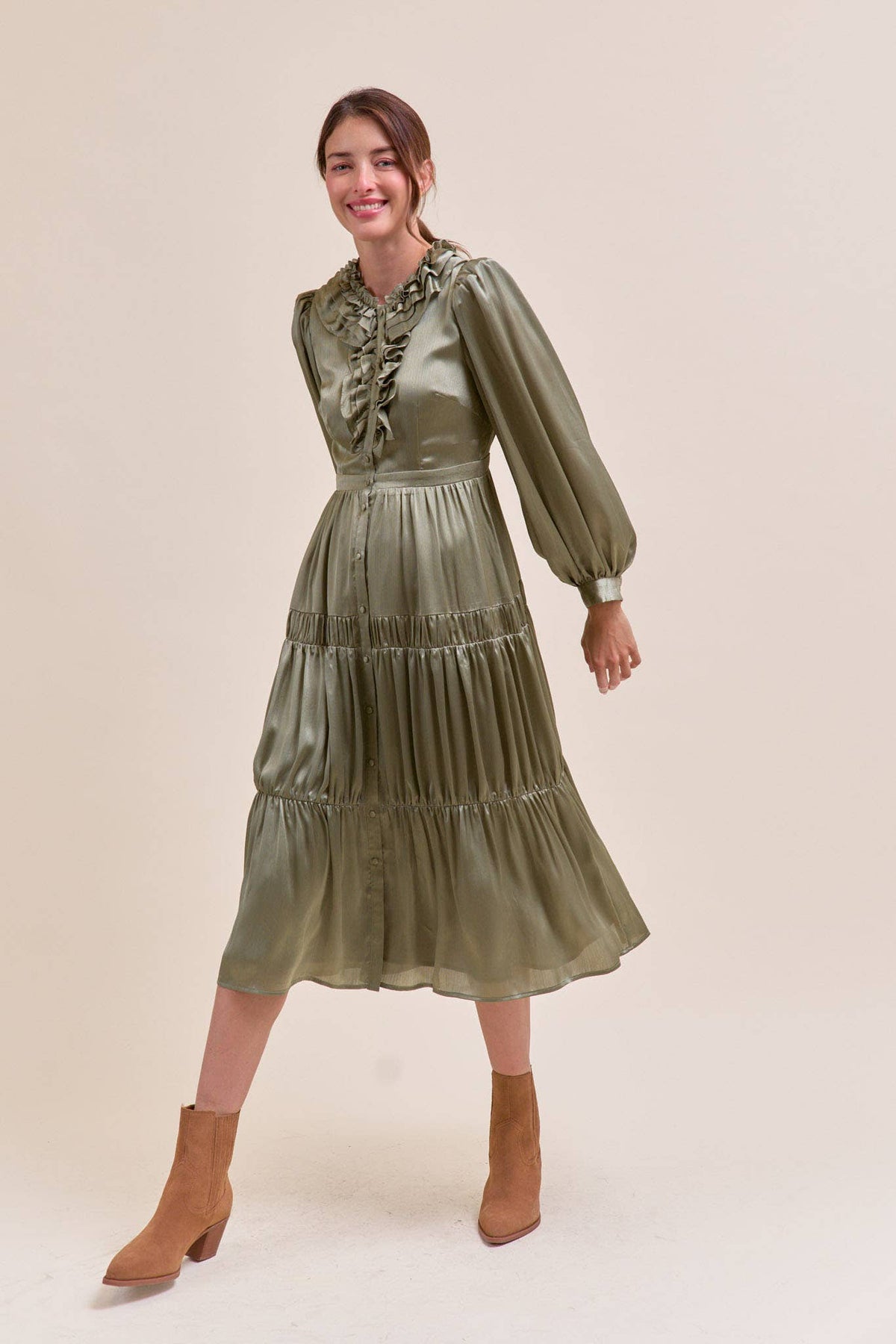 RUFFLE TIERED NECKLINE BUTTON DOWN MIDI DRESS MDR4199