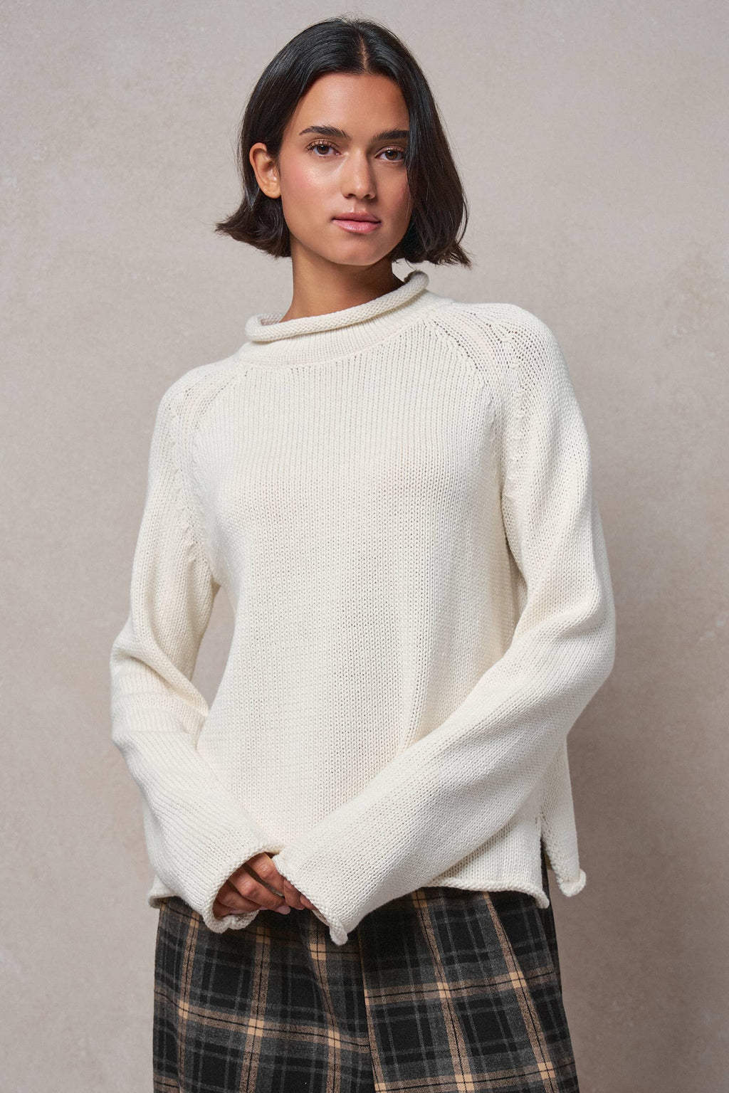 Striped Mock Neck Cotton Knit Sweater