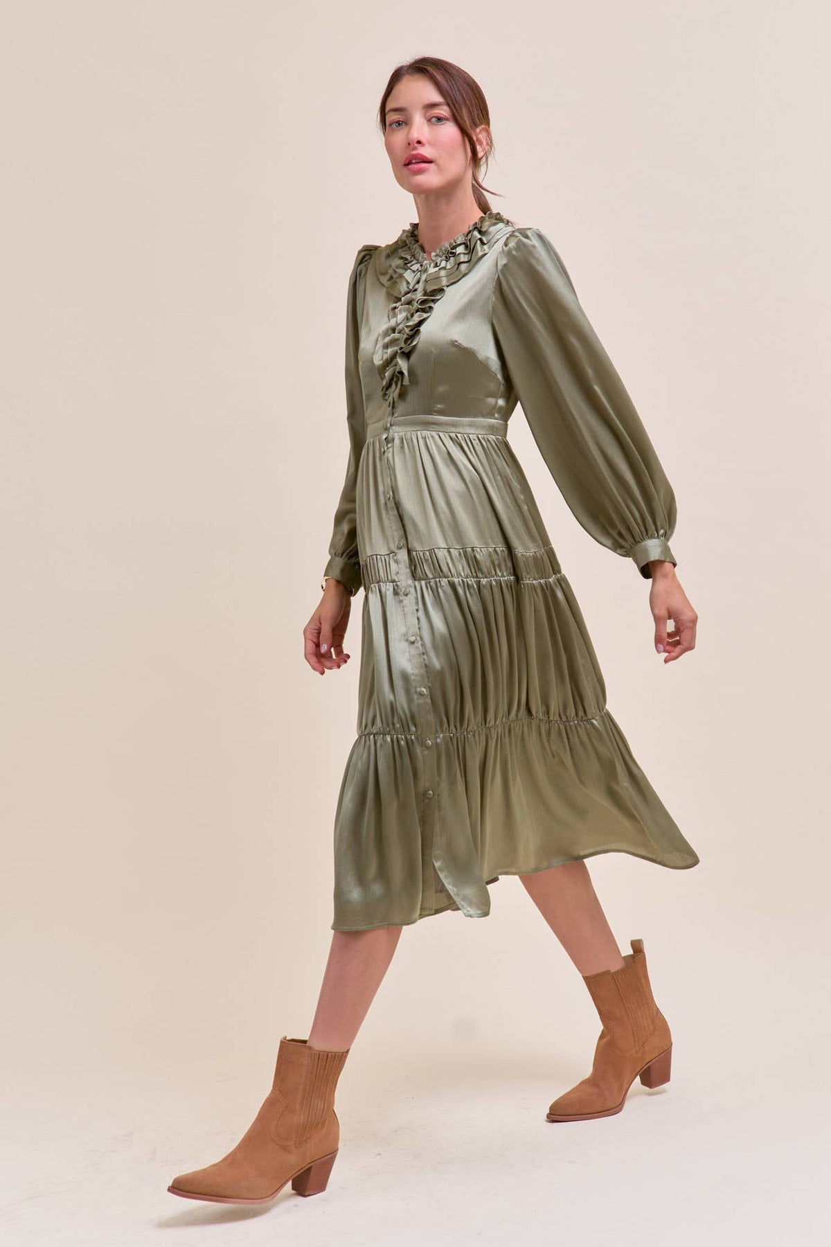RUFFLE TIERED NECKLINE BUTTON DOWN MIDI DRESS MDR4199