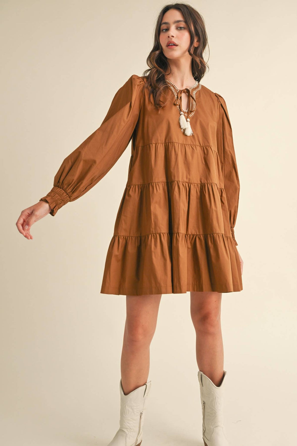 TIE FRONT CONTRAST STITCH MINI DRESS MDR3641