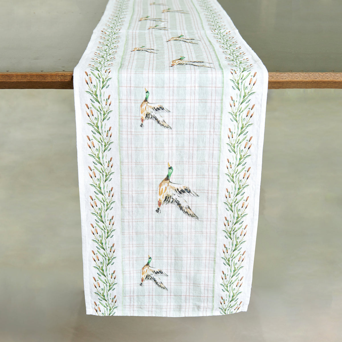Darling Lemon Ducks linen table runner, 13 x 66 inches