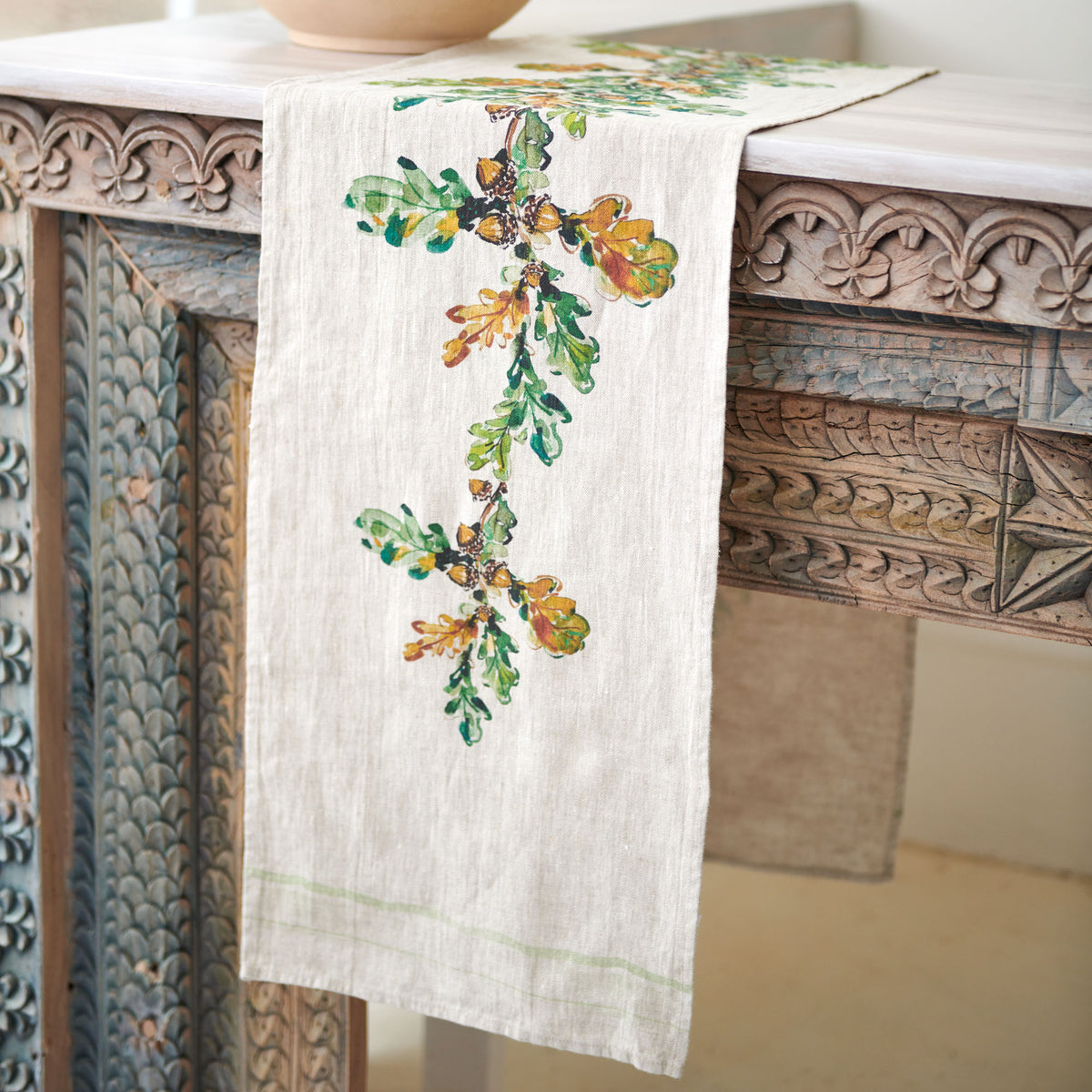 Darling Lemon Acorns linen table runner, 13 x 66 inches