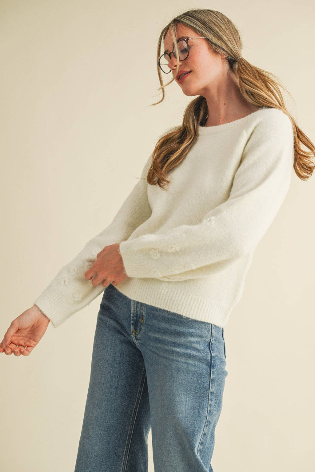 FLORAL KNIT PUFF SLEEVE SWEATER MSW10912