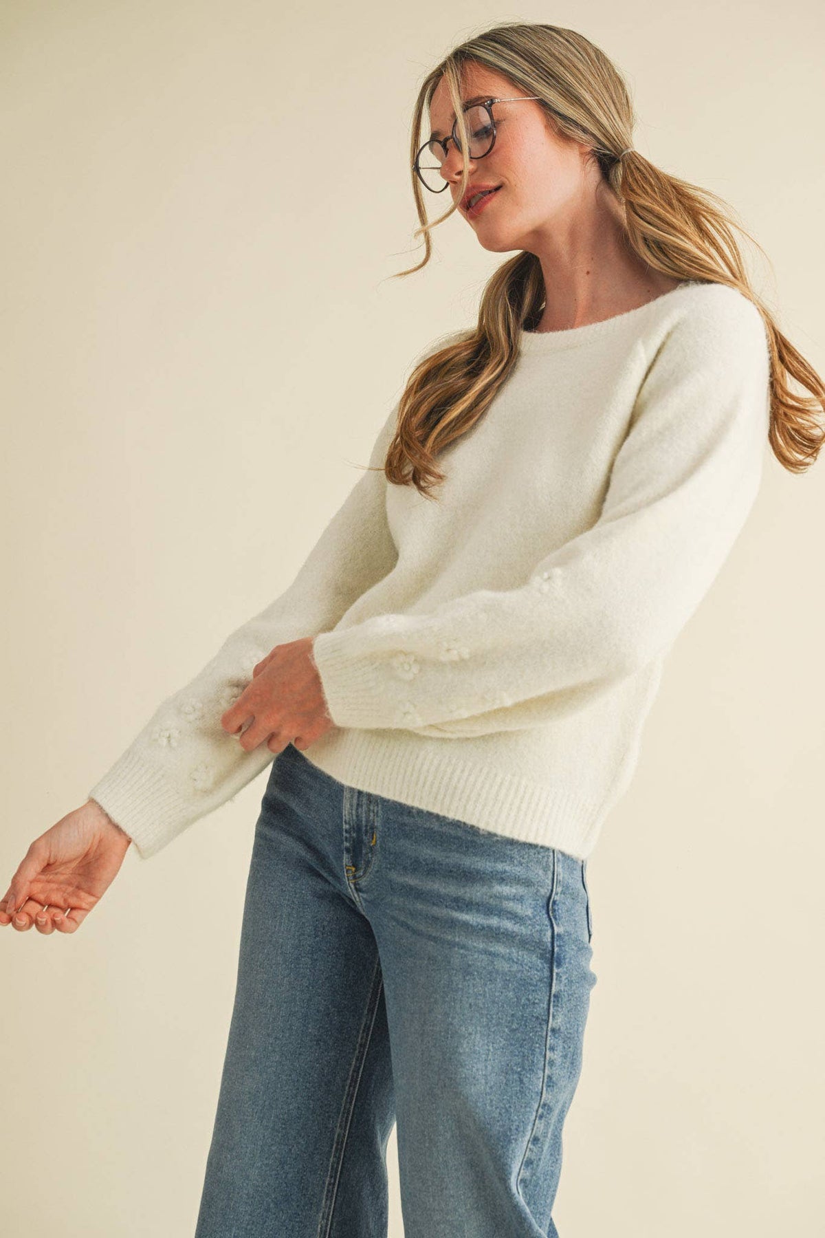 FLORAL KNIT PUFF SLEEVE SWEATER MSW10912
