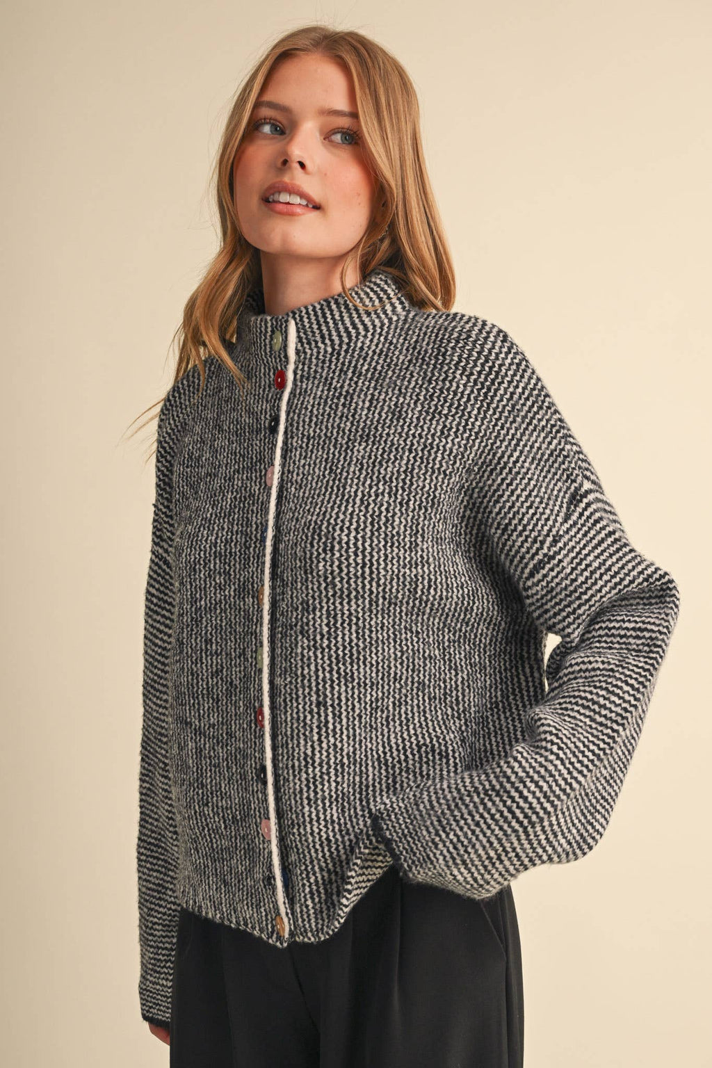 STRIPED SWEATER CARDIGAN WITH COLORFUL BUTTONS MSW11250