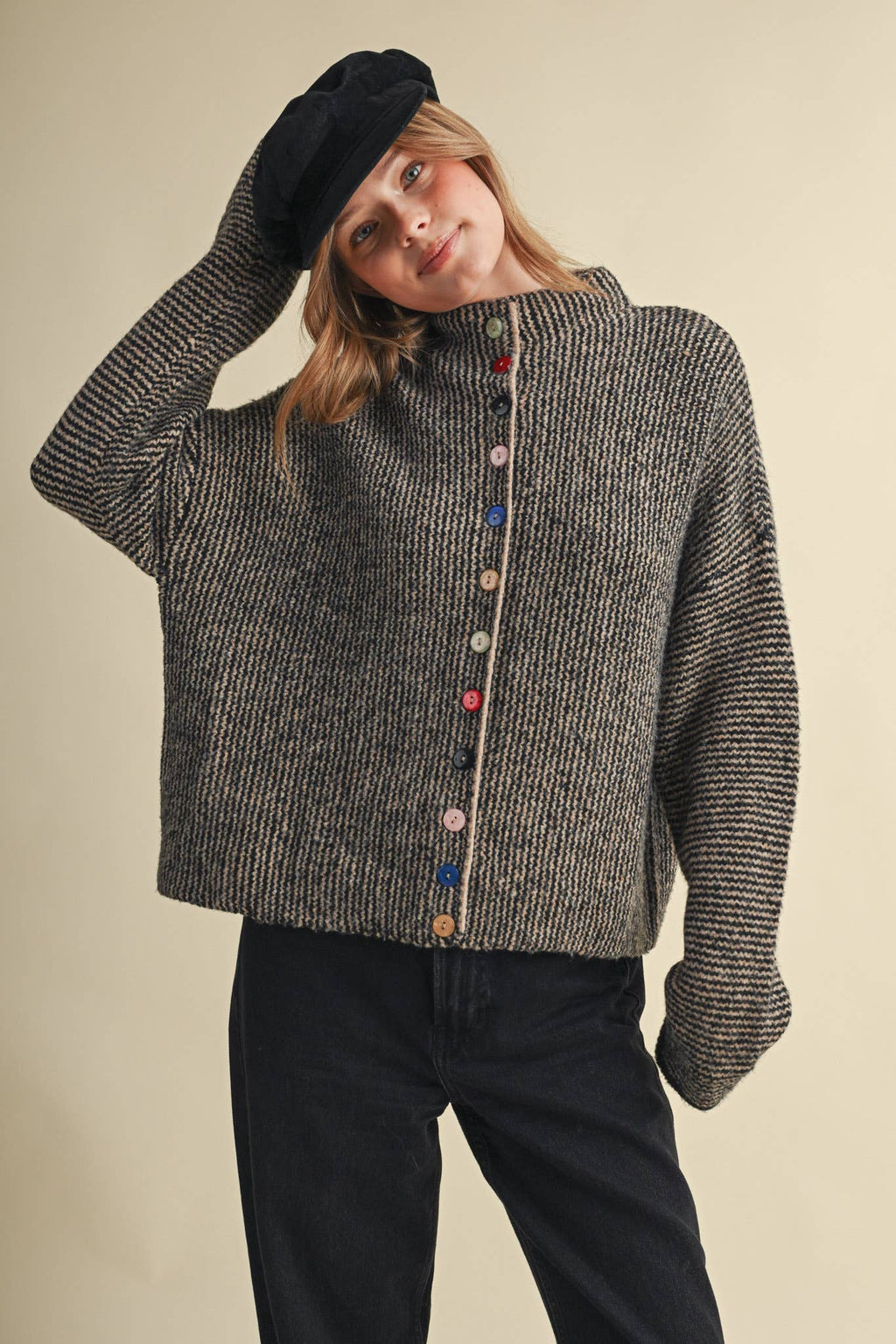 STRIPED SWEATER CARDIGAN WITH COLORFUL BUTTONS MSW11250