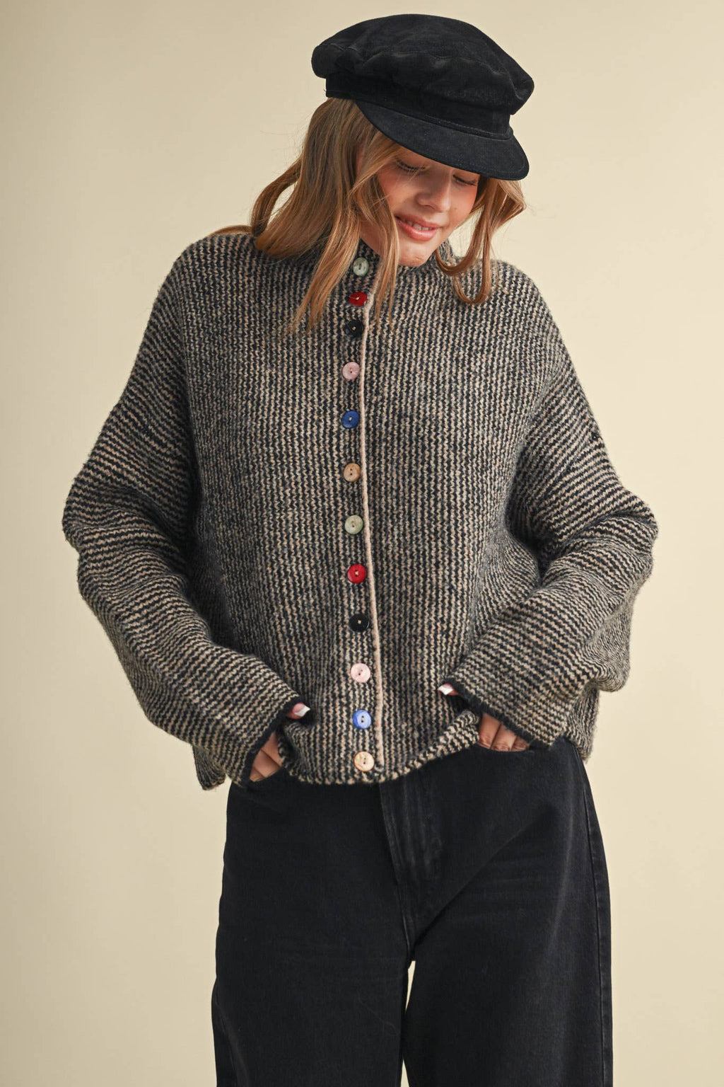 STRIPED SWEATER CARDIGAN WITH COLORFUL BUTTONS MSW11250