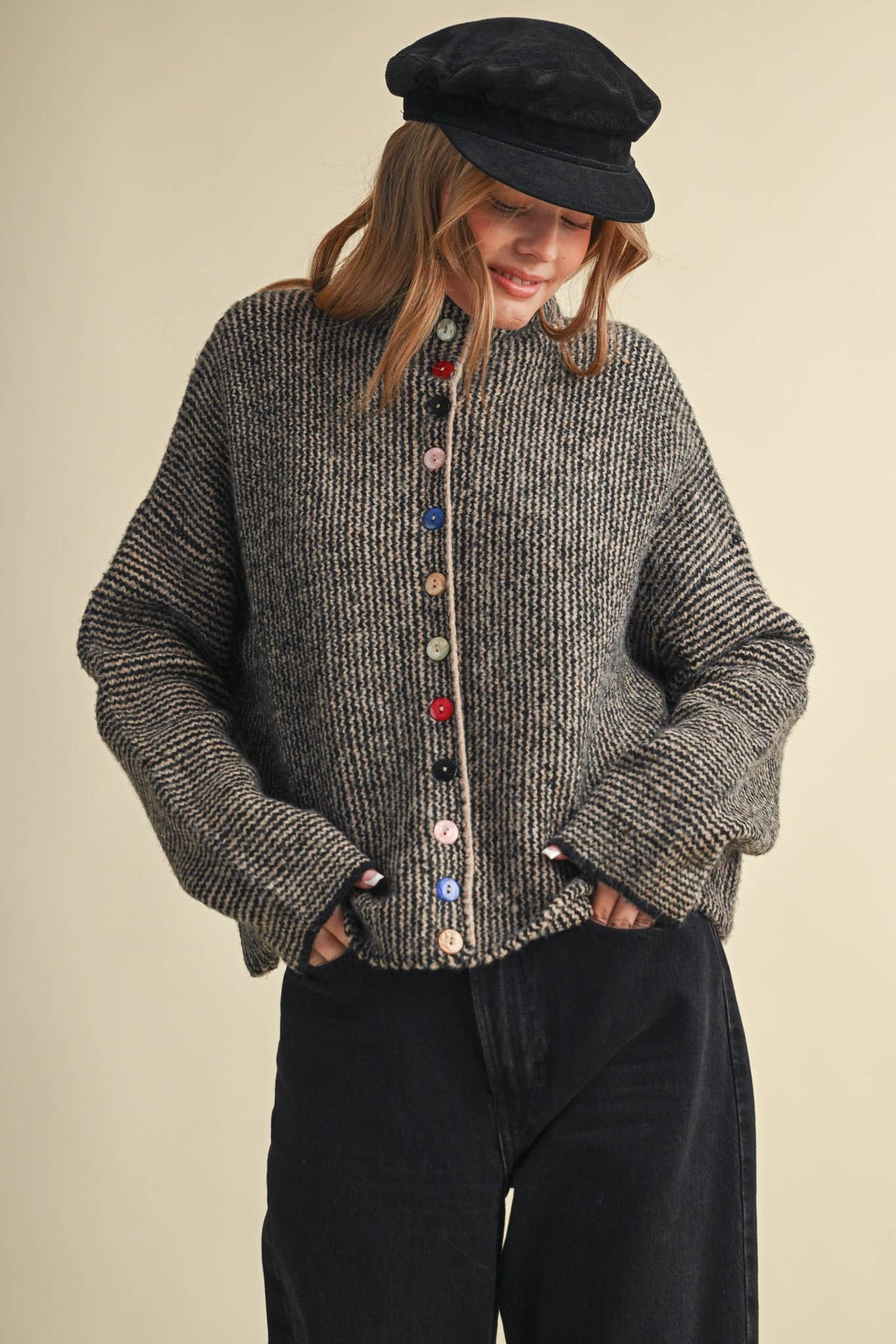 STRIPED SWEATER CARDIGAN WITH COLORFUL BUTTONS MSW11250