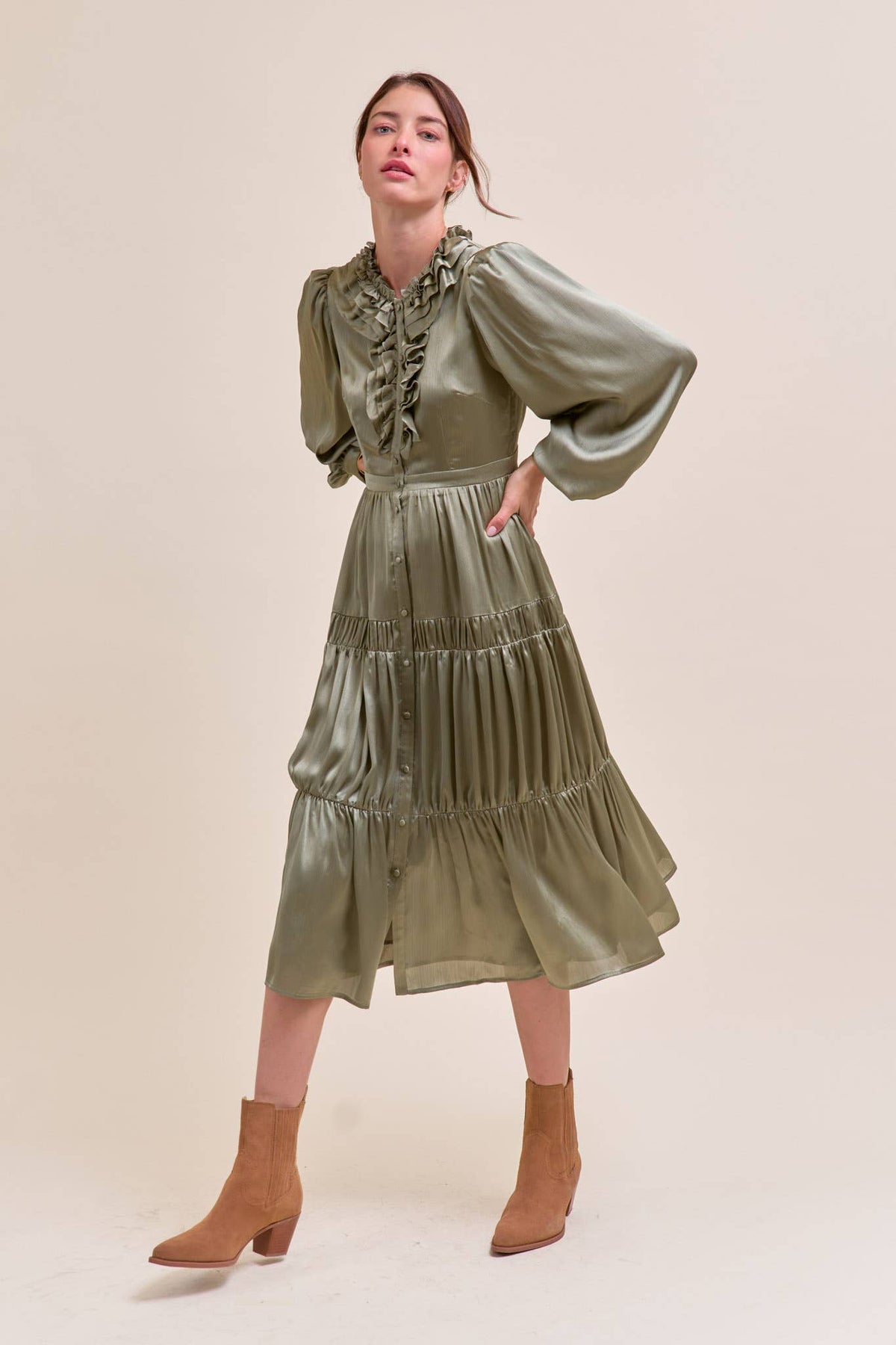 RUFFLE TIERED NECKLINE BUTTON DOWN MIDI DRESS MDR4199