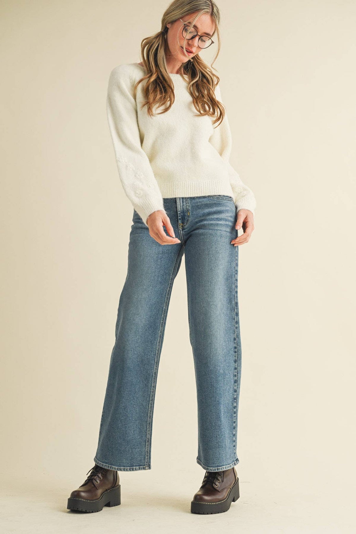 FLORAL KNIT PUFF SLEEVE SWEATER MSW10912