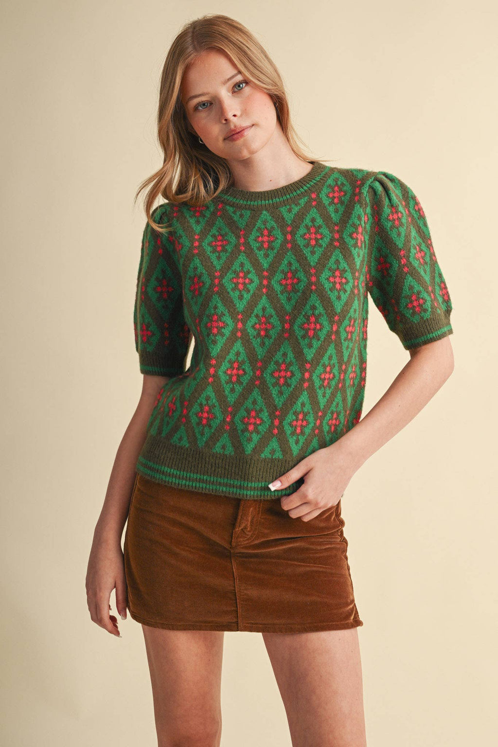GEOMETRIC KNIT SHORT SLEEVE SWEATER MSW11653