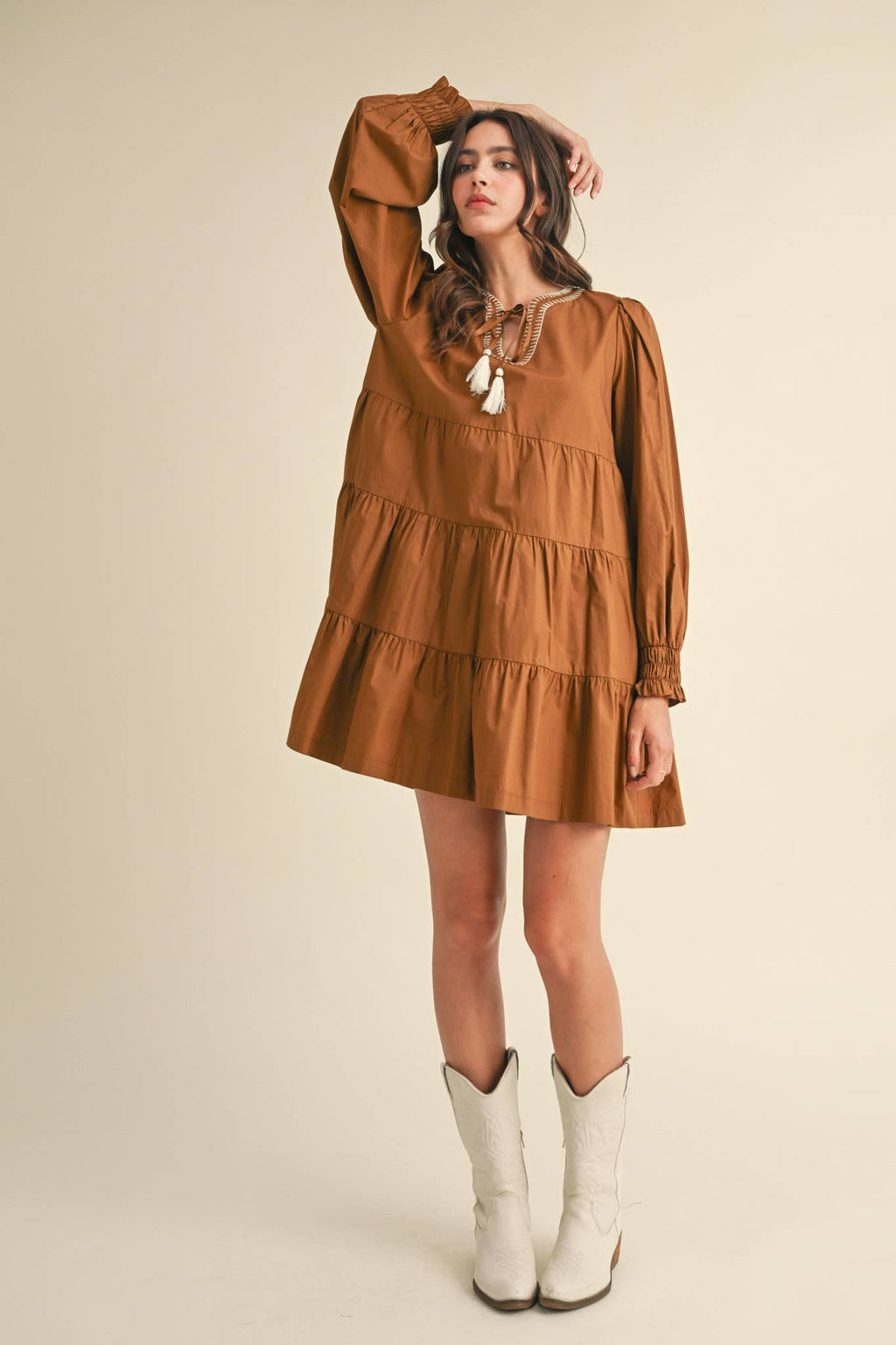 TIE FRONT CONTRAST STITCH MINI DRESS MDR3641