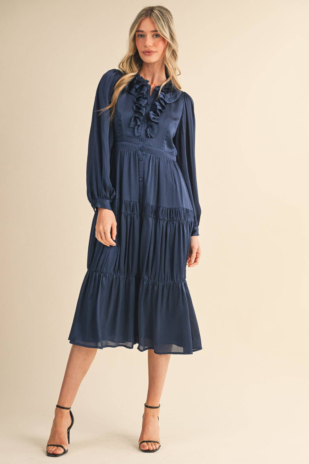 RUFFLE TIERED NECKLINE BUTTON DOWN MIDI DRESS MDR4199