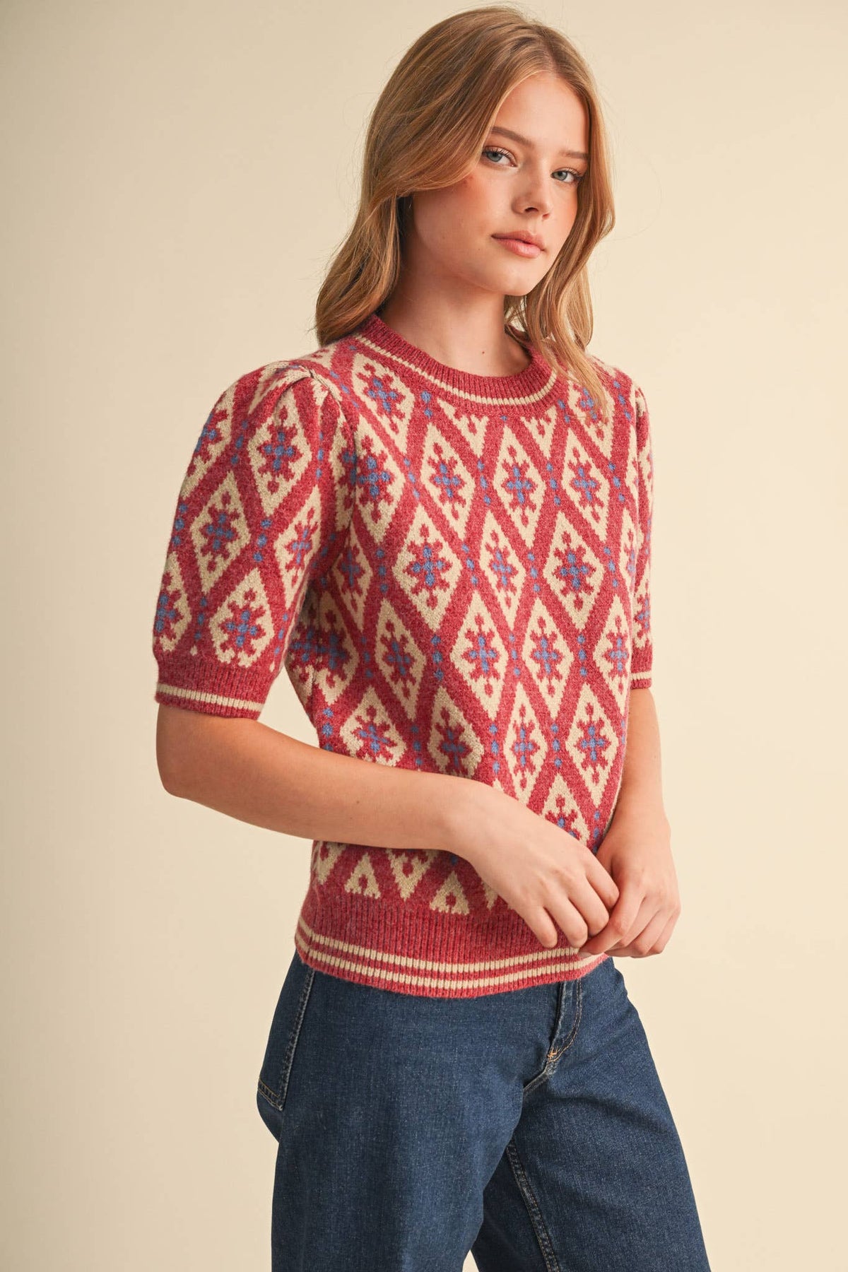 GEOMETRIC KNIT SHORT SLEEVE SWEATER MSW11653