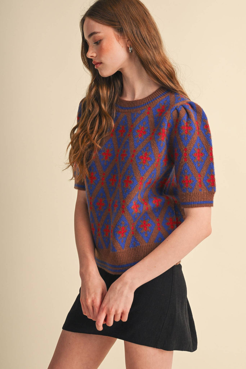 GEOMETRIC KNIT SHORT SLEEVE SWEATER MSW11653