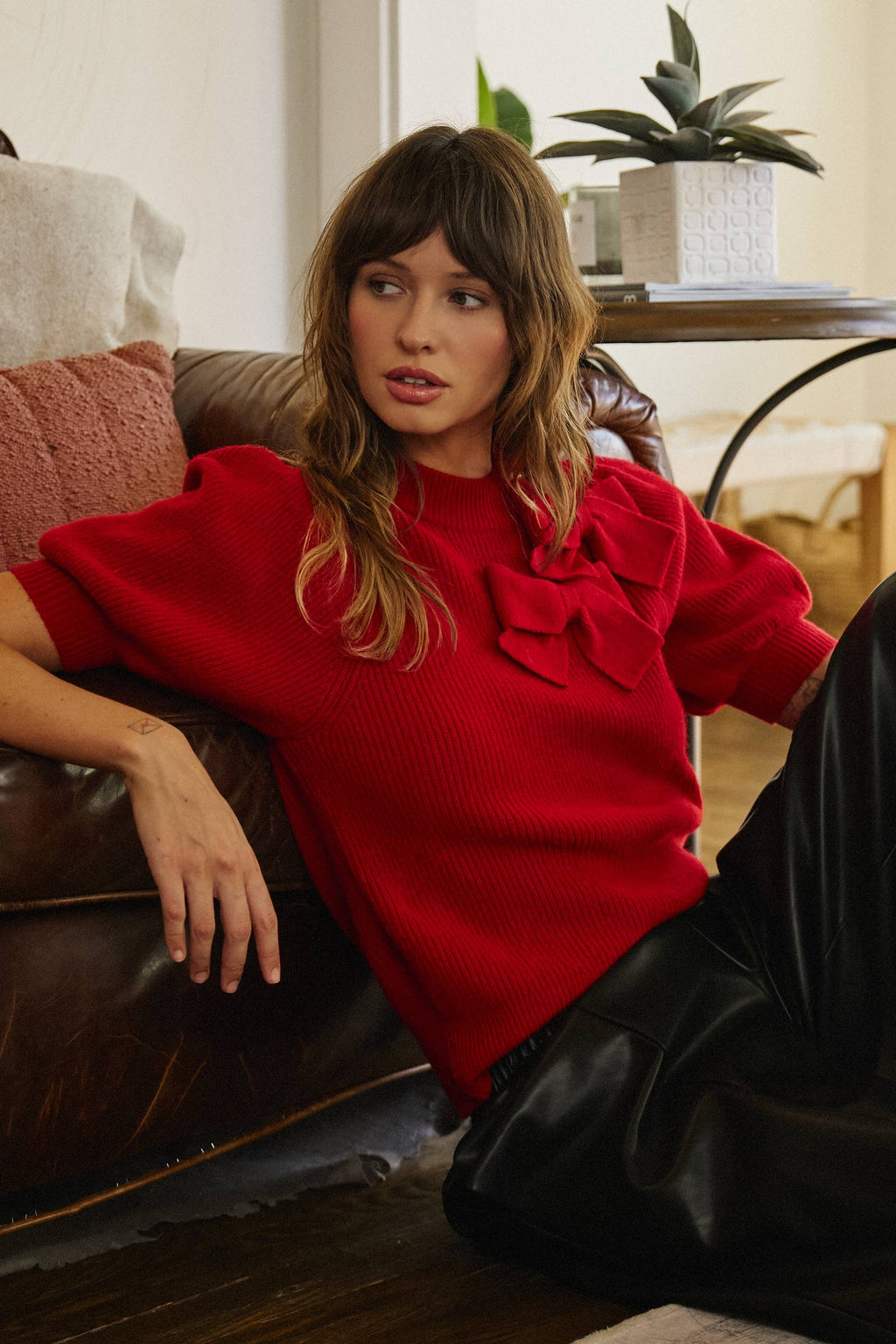 Bow Detail Puff Sleeve Mock Neck Sweater