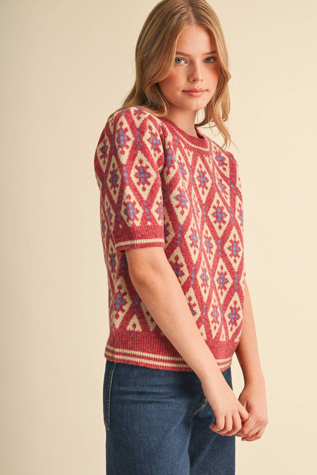 GEOMETRIC KNIT SHORT SLEEVE SWEATER MSW11653