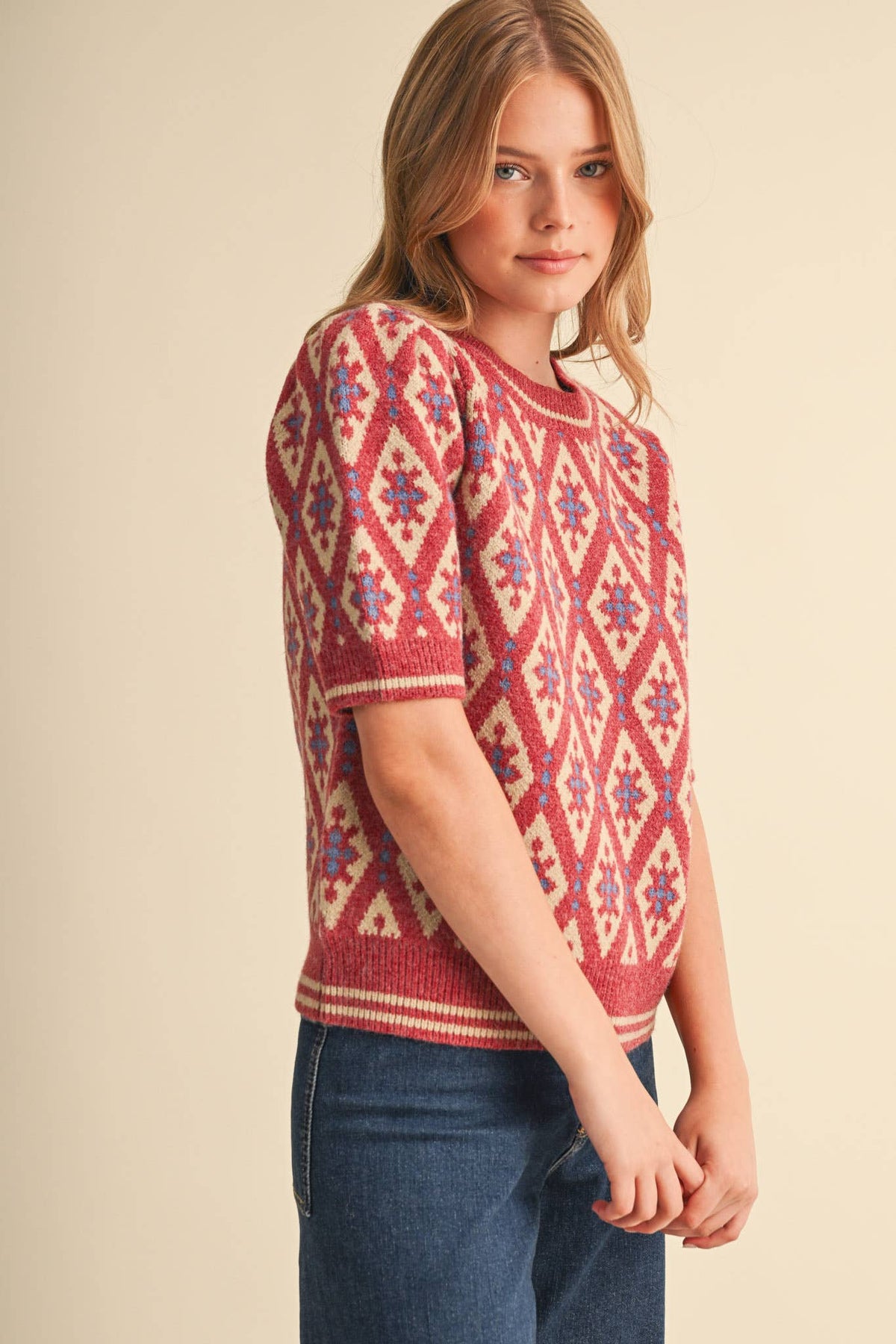 GEOMETRIC KNIT SHORT SLEEVE SWEATER MSW11653