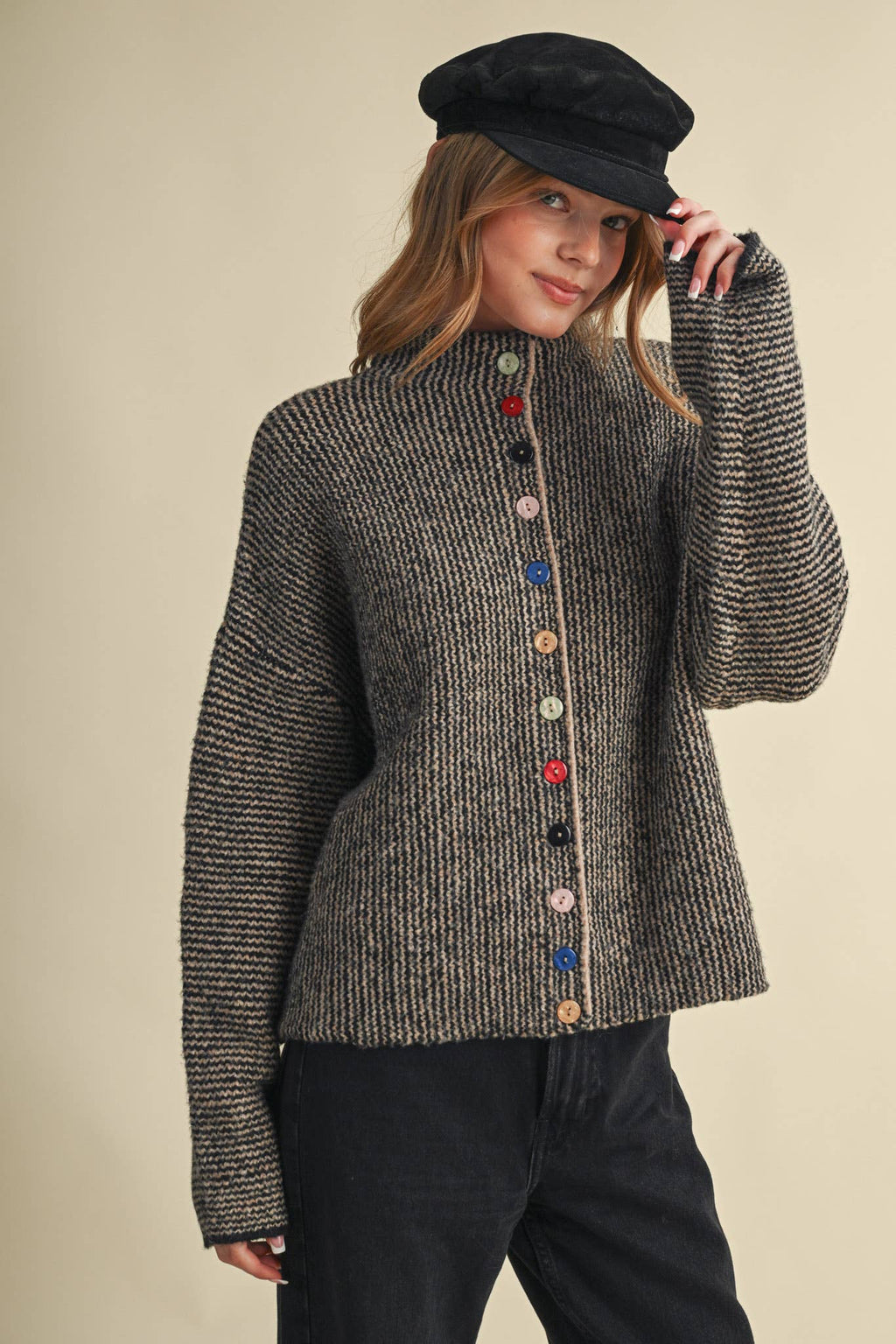 STRIPED SWEATER CARDIGAN WITH COLORFUL BUTTONS MSW11250