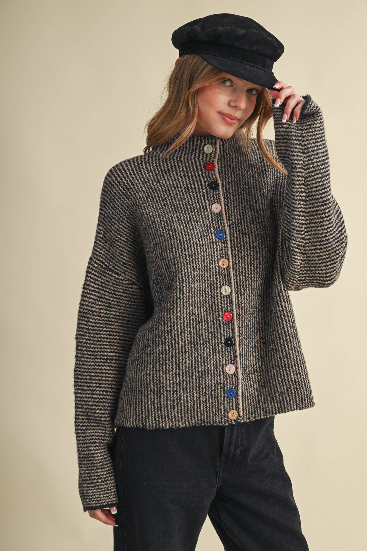 STRIPED SWEATER CARDIGAN WITH COLORFUL BUTTONS MSW11250