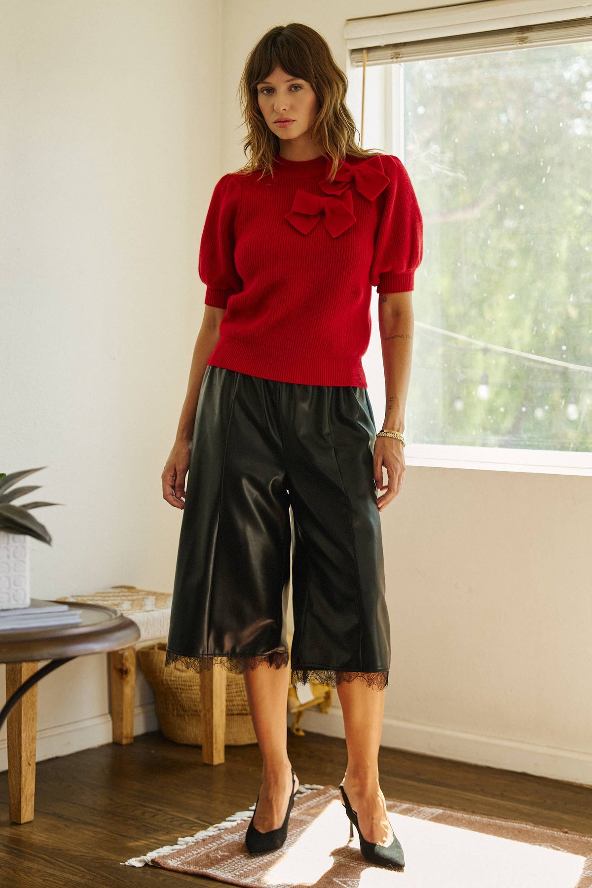 Bow Detail Puff Sleeve Mock Neck Sweater