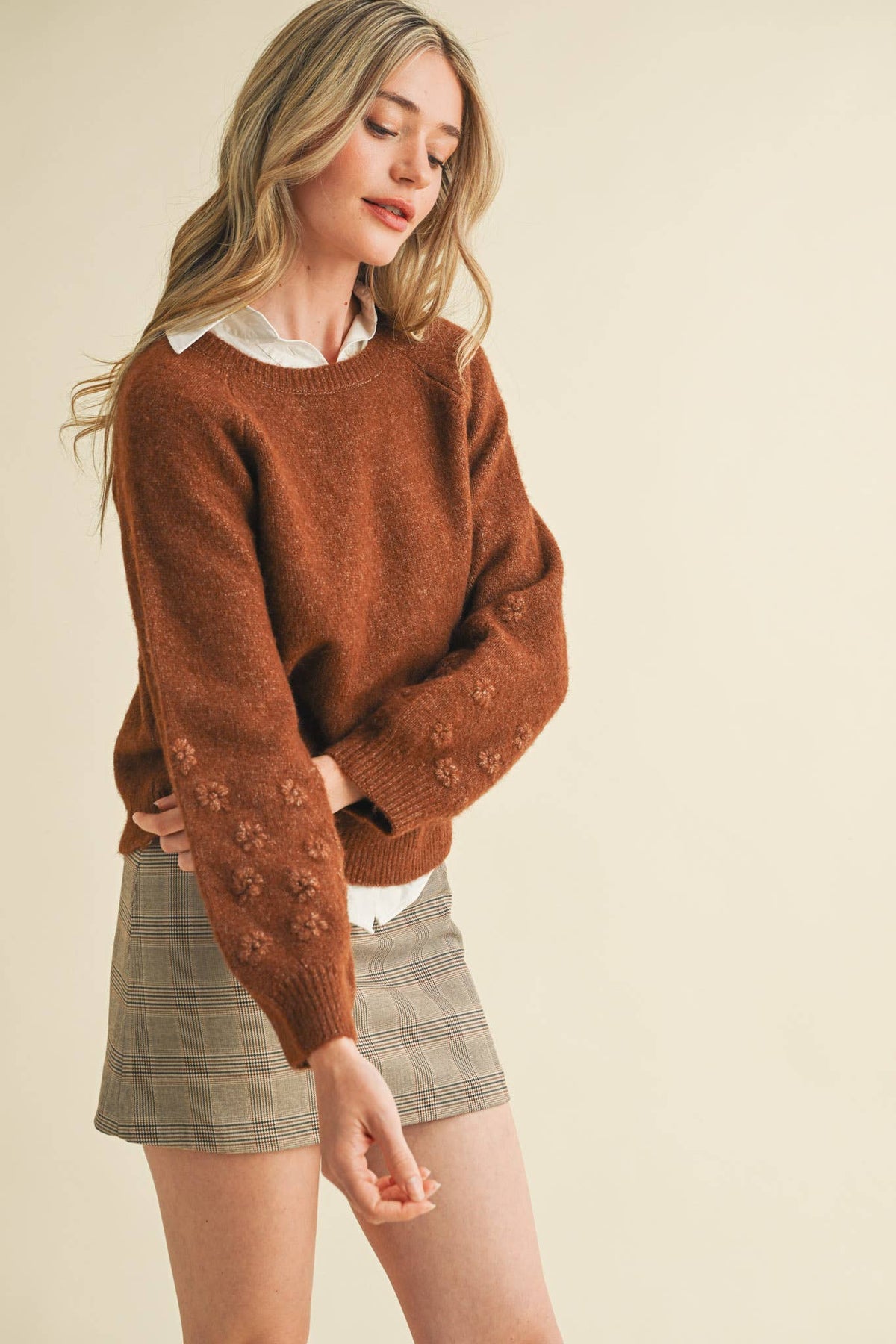 FLORAL KNIT PUFF SLEEVE SWEATER MSW10912